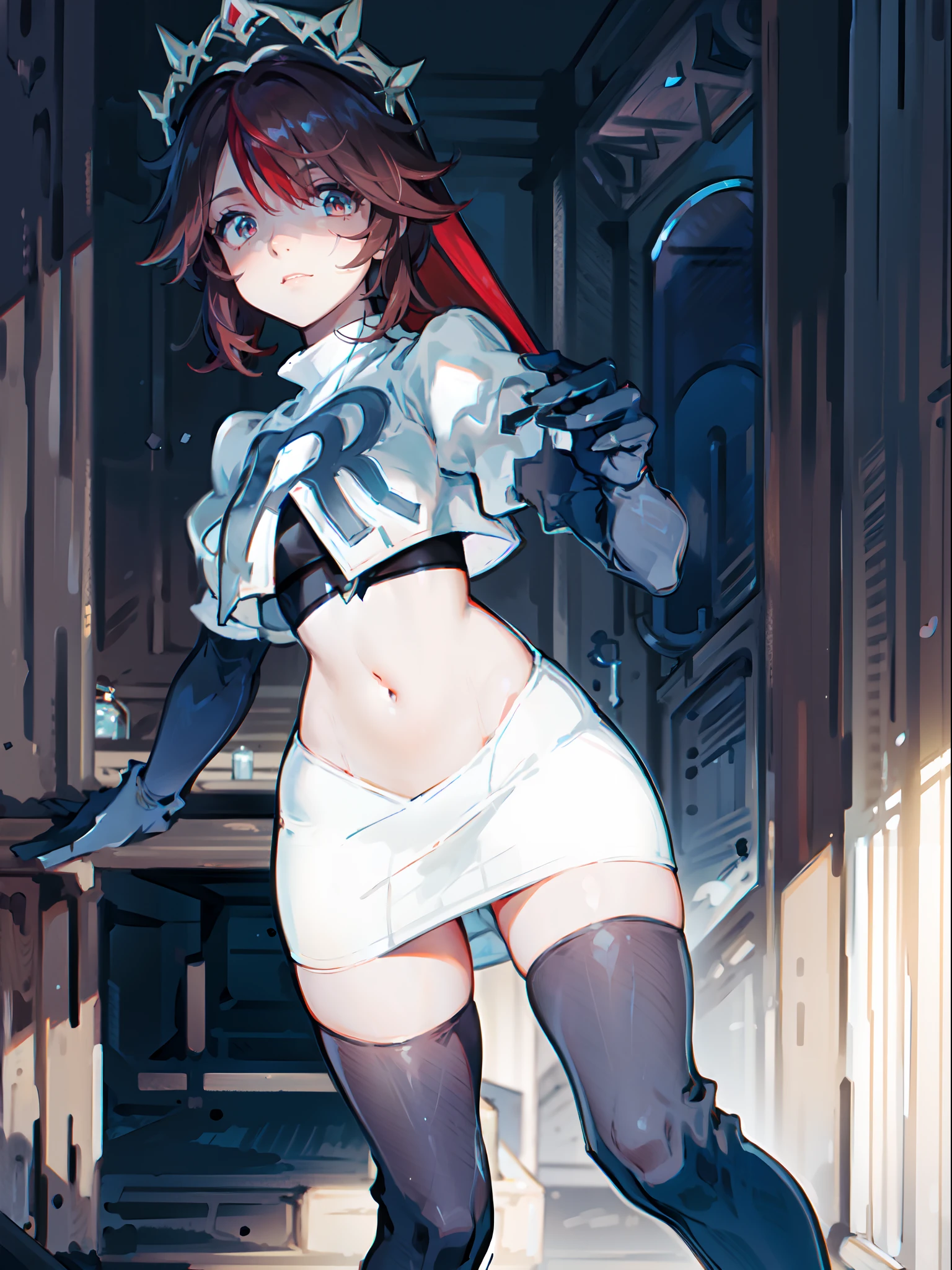 rosariarnd,1girl,team rocket,team rocket uniform,white skirt,crop top,black thigh-highs,black elbow gloves,