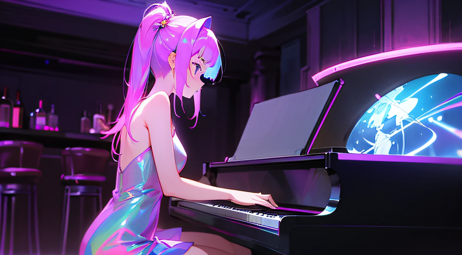 piano. cute girl playing the piano at a bar, neon, holographic dress, piano, masterpiece