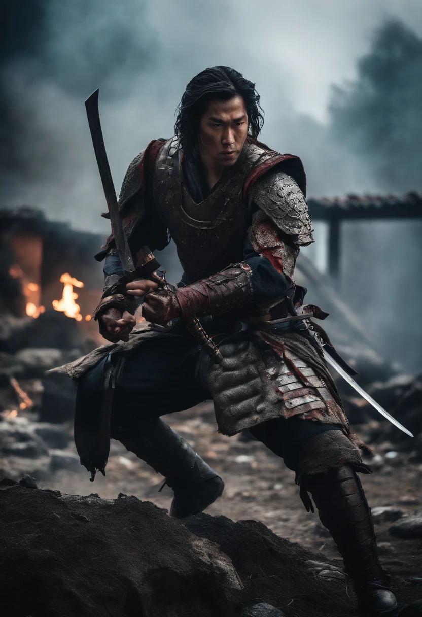Apocalyptic battle scene with beautiful surreal pictures of young samurai men with runic tattoos, ((Dirty face blood splattered)), (((Wearing armor, ))) Chommage, combat pose,, The appearance of the destroyed building, fires, Smoke, wreckage, Japan beauty, near perfect, Pure form, intricate detailes, 8k post-production, High resolution, Super Detail, Trending on ArtStation, Sharp Focus, studio photo