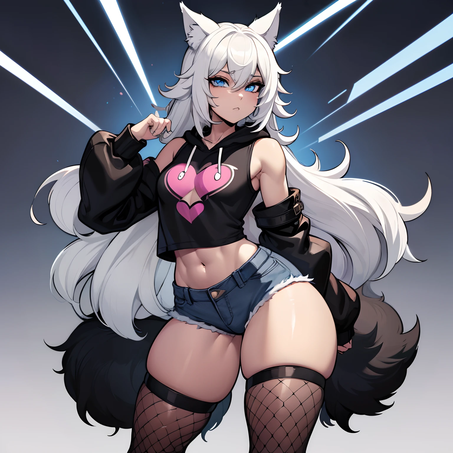 male, Anime Femboy, Short, has Long white hair, has wolf ears, has wolf tail, has blue eyes, wearing denim short shorts, thigh high fishnets, black combat boots, wearing cropped black hoodie, flat chest, super flat chest, solo femboy, only one femboy ((FLAT CHEST)) (ALONE)(SOLO) Alone, solo, wide hips, thicc thighs