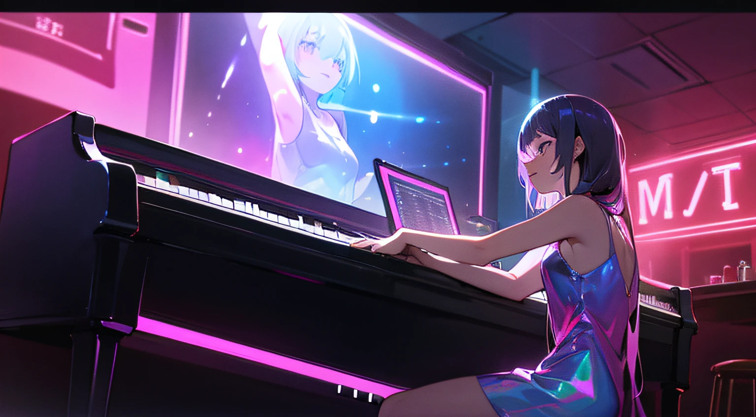 piano. cute girl playing the piano at a bar, neon, holographic dress, piano, masterpiece