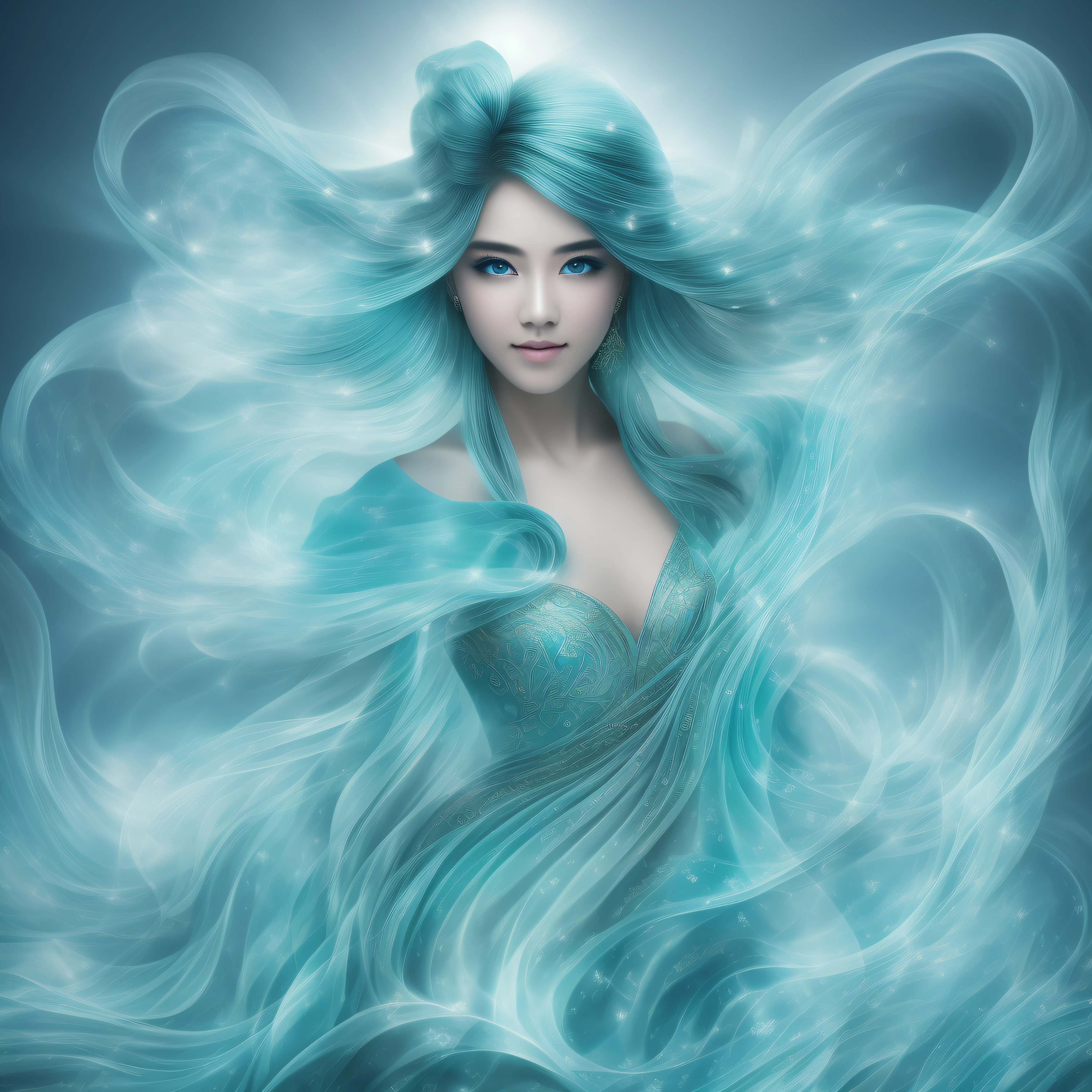 Generate captivating images of wind spirits. Let it have an element of elegance such as a flowing mysterious robe that mixes pure clear light blue air with green air with vitality and freshness, a swirling air vortex, and a hint of magic in her eyes. Photorealistic, Masterpiece, Top Quality, Super Detail, HDR, 8K
