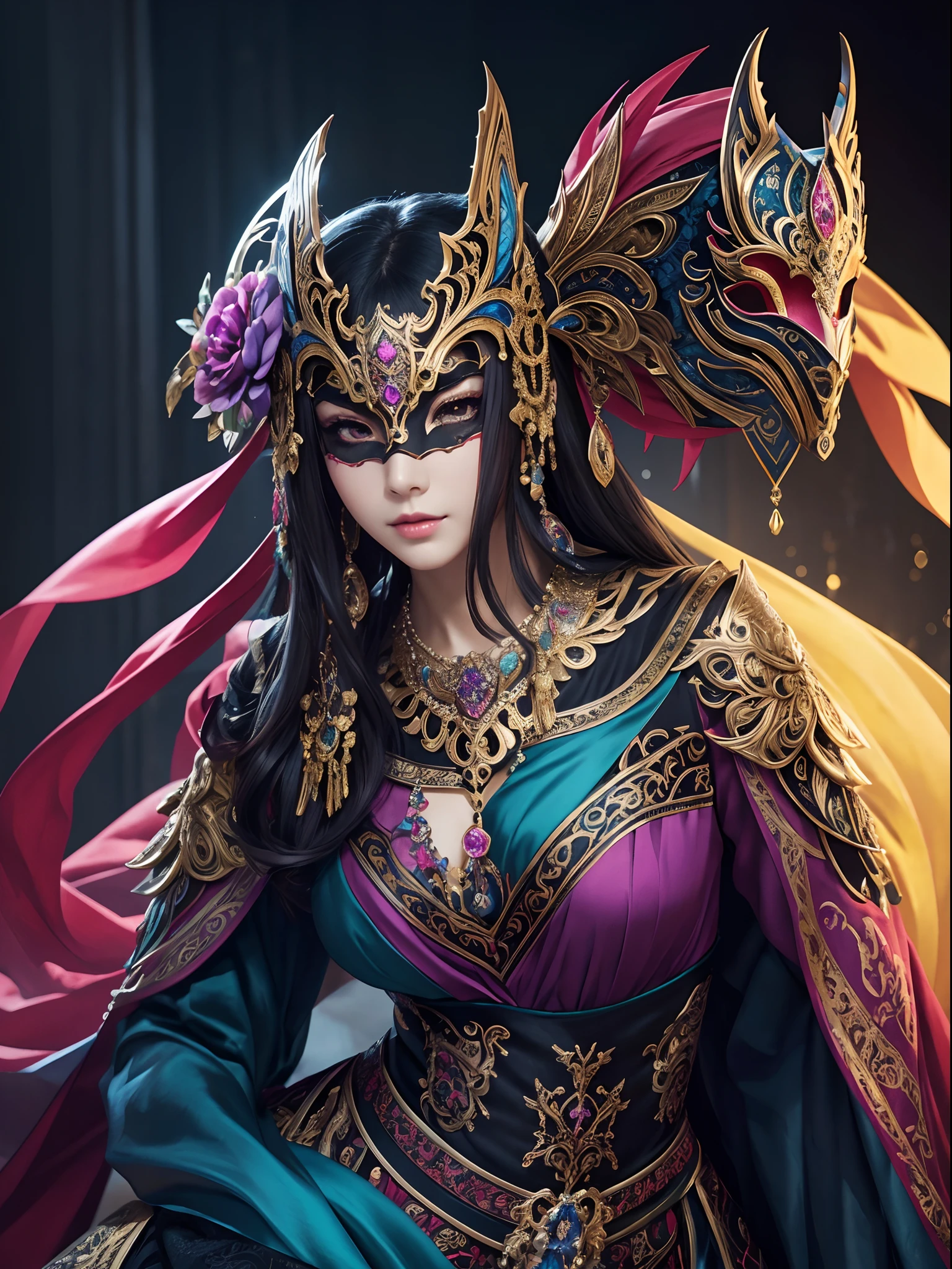 Vibrant colors、Best Quality, master piece、aesthetics、The body is unknown、Mysterious、Official Art、Masquerade、Elegance、A mask that covers most of the face、Colorful and detailed mask decoration、elegance、elegance、gorgeous、refinement、detailed environment, (Best Quality, Ultra-detailed, Realistic:1.37)、gorgeous dress、jewely、Dynamism、thirds rule、Perfect Angle、perfect-composition。full body Esbian