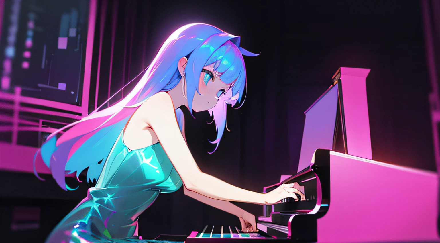 piano. cute girl playing the piano at a bar, neon, holographic dress, piano, masterpiece