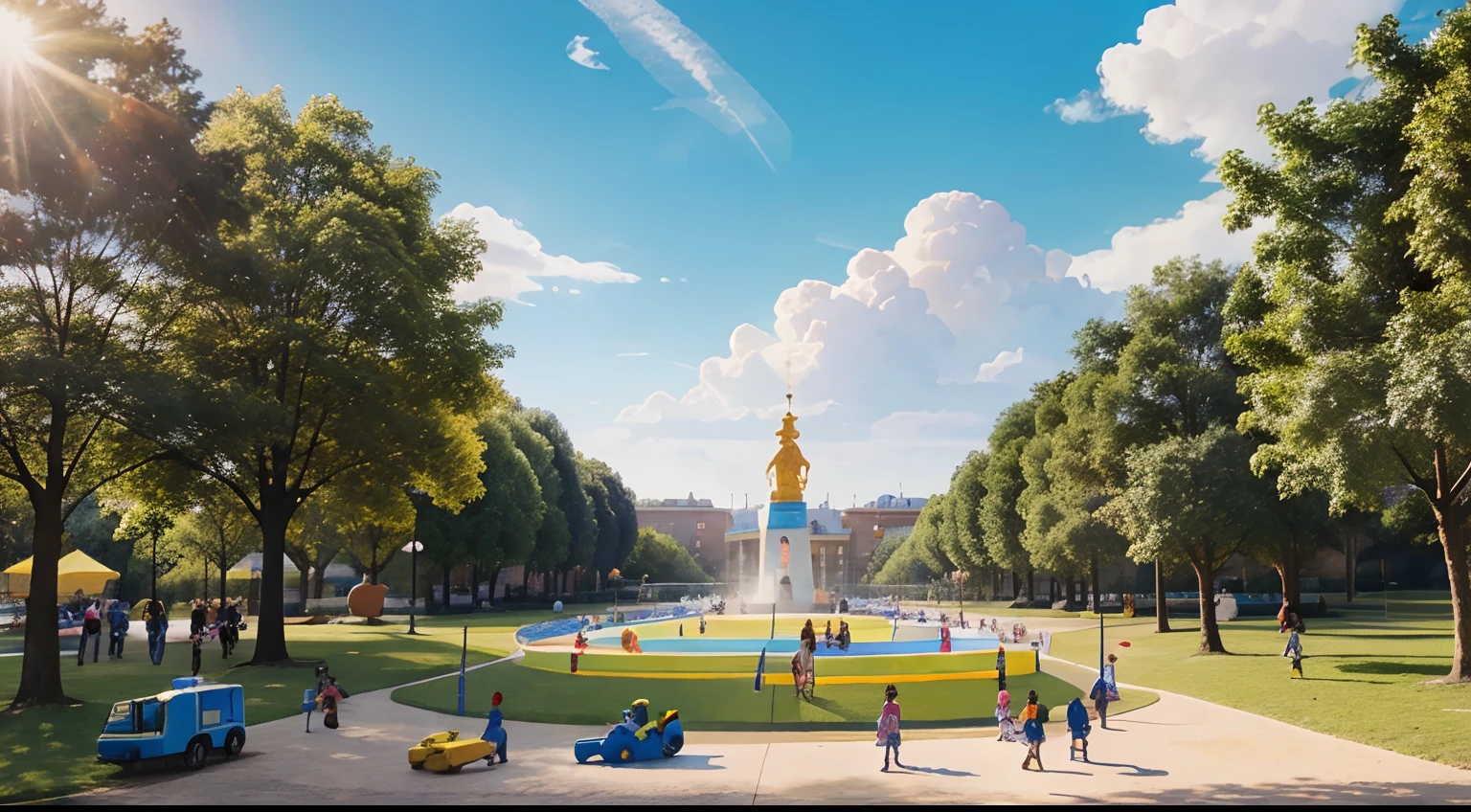 Painting illustration of bright sun in the blue sky, playing in the park with educational toys, cheerful children learning while having fun, colorful, happy children characters.
