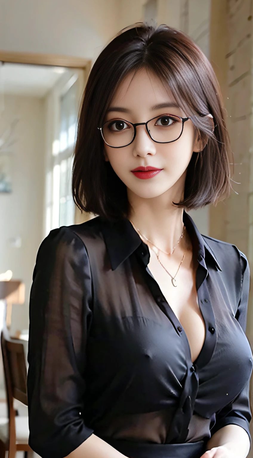 ((Brown Bob Hair))), (Louvre Museum), Pose Seductive, (A hyper-realistic), (Illustration), (Increased resolution), (8KUHD), (Extremely detailed), (Best Illustration), (Beautiful and detailed eyes), (Best Quality), (ultra-detailliert), (masutepiece ), ( Wallpaper), (Detailed face), Solo, 1人の女性, Fine details, Detailed face, Deep Shadows, lowkey, pureerosfaceace_v1, Smiling, 46 point slanted bangs、Dark red see-through blouse with collar、cleavage of the breast、Big necklace、large earring、Laughing、Round big glasses、