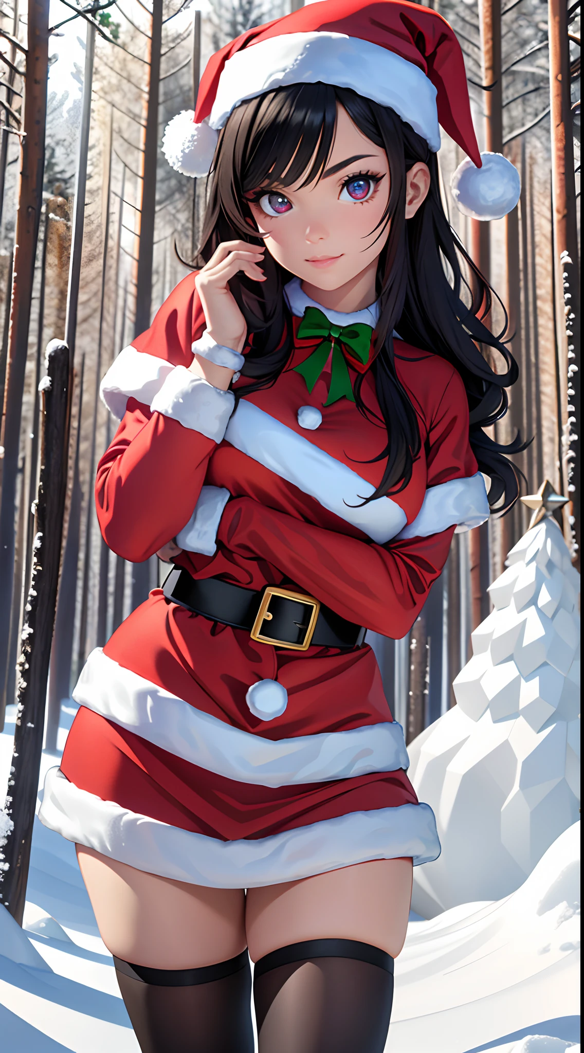 (Hermosa mujer)，Navidad，Un cabello oscuro，Bobsleigh medio，(Santa's  Girl:1.4), More detailed 8K.motor irreal:1.4,UHD,La mejor calidad:1.4, fotorrealista:1.4, textura de la piel:1.4, obra maestra:1.8,obra-prima, mejor calidad,objeto Objeto], (detailed face features:1.3),(bosque congelado nieve:1.4),posing for camera:1.4), (manos detailed:1.4),red mini-skirt :1.4)