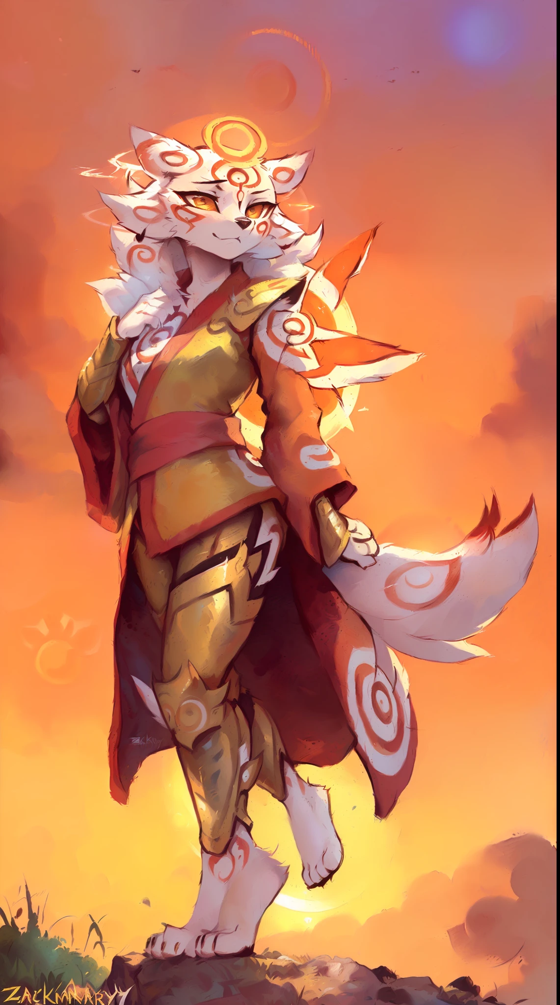 uploaded on e621, (((by Zackary911, by Kenket, by Kilinah, by Zackary911))), solo female (((Amaterasu))), wear (((golden armor, pink kimono, goddess sun halo divene aura,, feet, full body