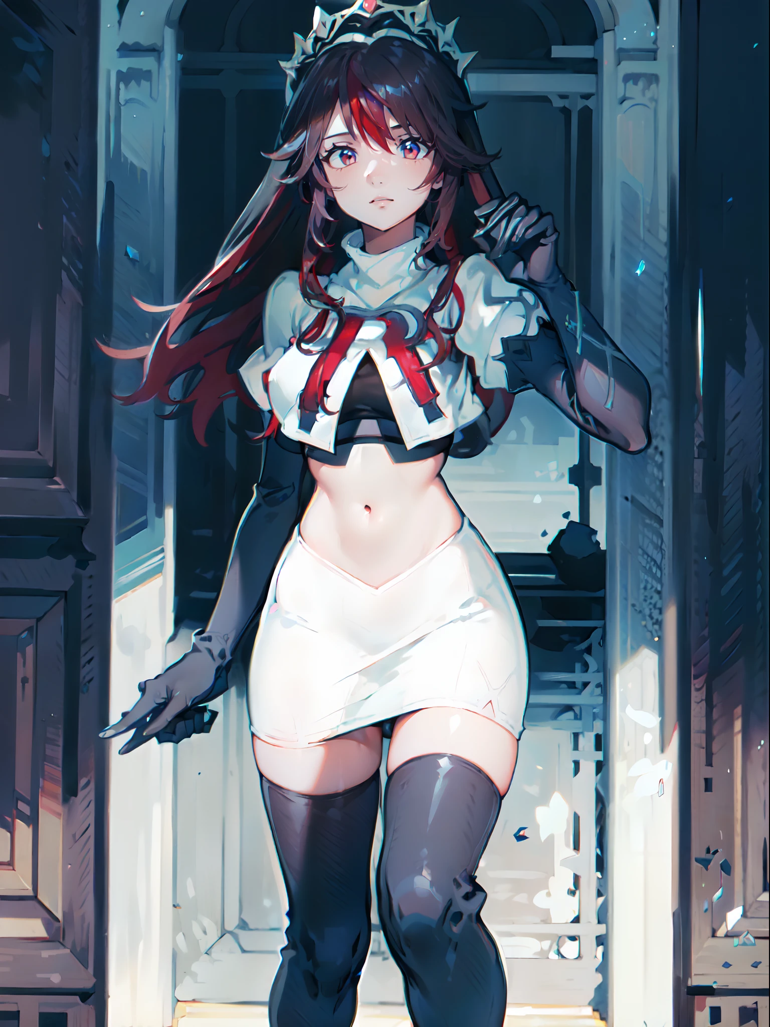 rosariarnd,1girl,team rocket,team rocket uniform,white skirt,crop top,black thigh-highs,black elbow gloves,