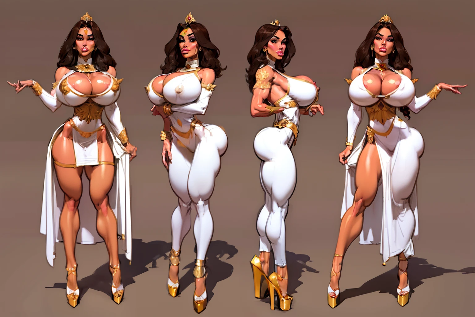 ((Doggystyle pose:1.4)), ((masterpiece)),(((best quality))),((character design sheet)), ((full body view)) (((Indian empress))) mature face, ((middle eastern eyes:1.4)), ((empress gown)), intricate breastplate, defined cheekbones, high cheekbones, illustration,  muscular, ((gold:1.4)), sexy bimbo, (gigantic breasts:1.7) black hair, ((detailed face:1.4)) beautiful woman, (Indian:1.4) (white skin:1.4) , (brown lipstick:1.4), shiny skin, scribbles and marks,(puffy lips:1.4) , rough sketches, pose, 8k,16k, (simple background, white background: 1.3) red and gold color palette, black legs, red arms, ((brown face))