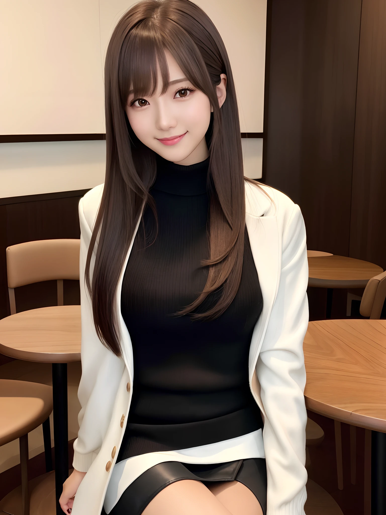 mastepiece, 1 girl per 1 photo, upper body shot, front view, a Japanese young pretty girl, long bob hair, sitting with a big smile on a chair in front of a table in a luxury restaurant in the night, a white jacket over a black turtleneck sweater, black miniskirt, black leather long boots, hyper cute face, glossy lips, double eyelids for both eyes, natural makeup, shiny smooth light brown hair of long bob hair, asymmetrical bangs, high resolution, high detail, detailed hairstyle, detailed face, cinematic lighting, octane rendering, hyper realistic, perfect limbs, perfect anatomy