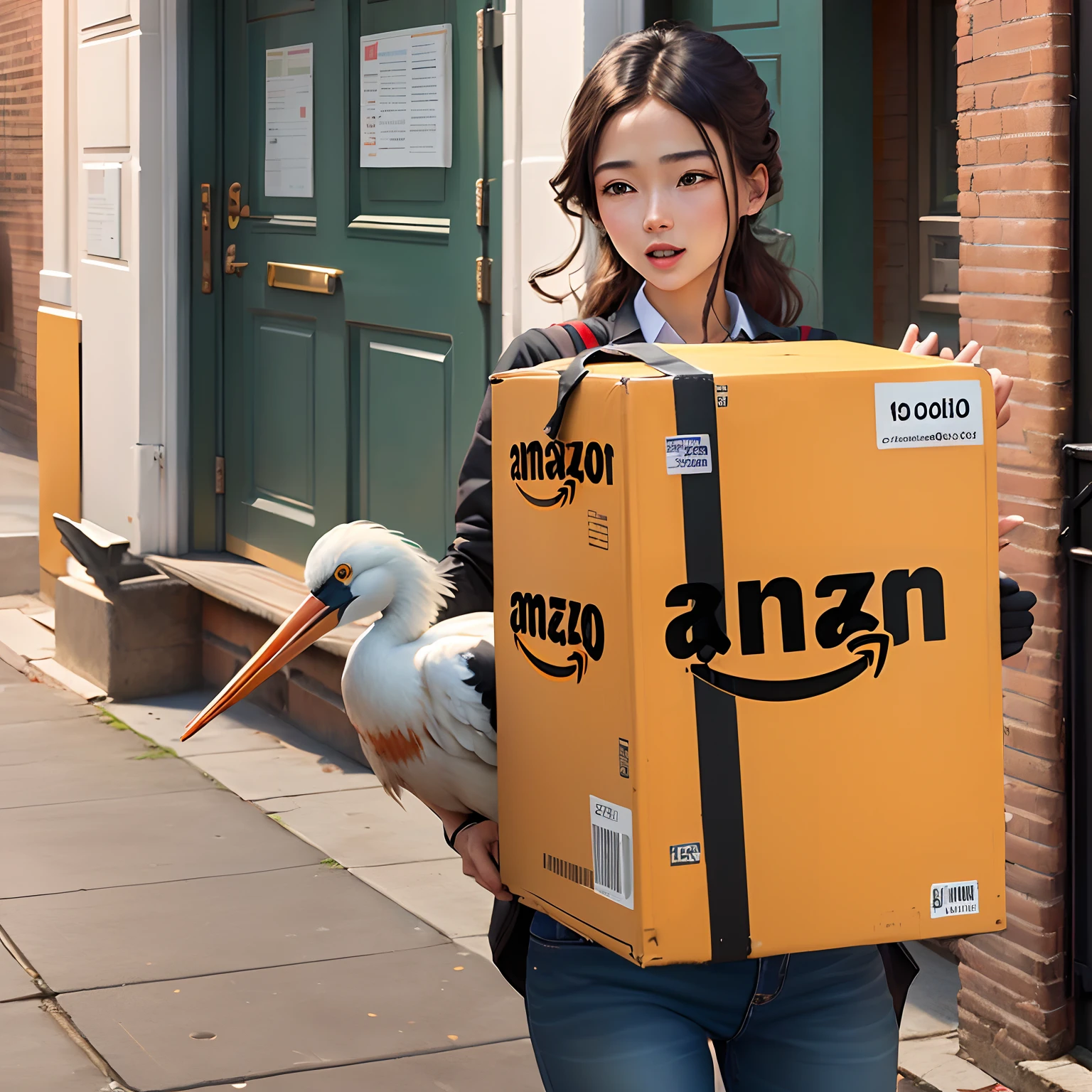 stork working for amazon delivering baby