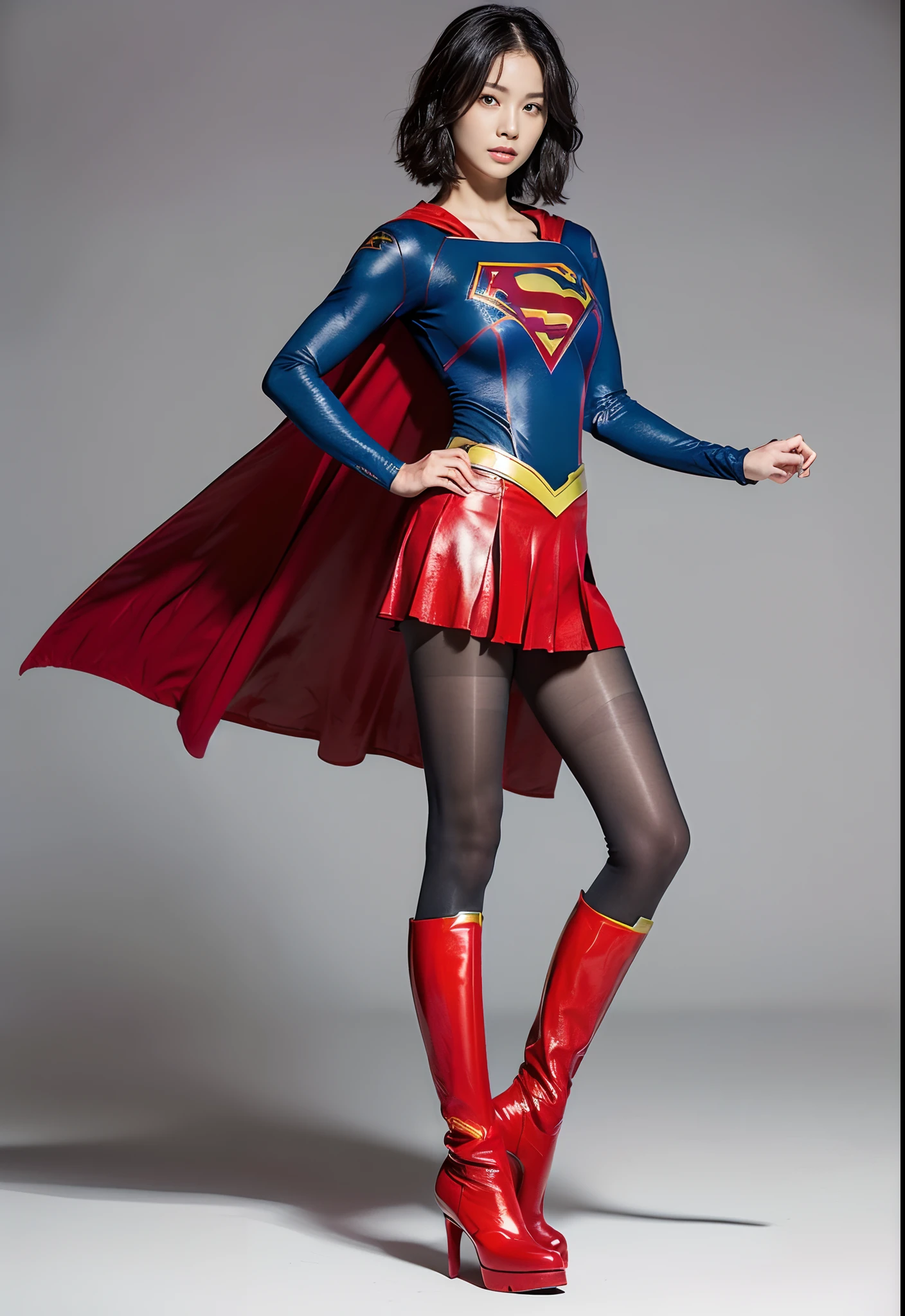 japanes、Cute Beautiful Girl、(((Wear black tights on your beautiful legs.)))、(((beauty legs)))、(((Painful look)))、((((Make the most of the original image)))、(((Supergirl Costume)))、(((Beautiful short hair、The hair)))、(((Suffering)))、(((Feet must necessarily be worn with black tights)))、(((You need to wear red boots)))、((Top image quality、8K))、((top-quality、8K、masterpiece:1.3))、(((Keep your background simple)))、Crisp focus:1.2、Beautiful woman with perfect body shape:1.4、Slender Abs:1.2、a wet body:1.5、Highly detailed facial and skin texture、8K、Keep your background simple