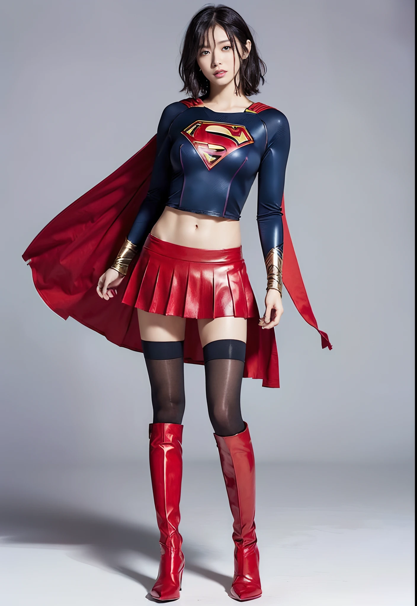 japanes、Cute Beautiful Girl、(((Wear black tights on your beautiful legs.)))、(((beauty legs)))、(((Painful look)))、((((Make the most of the original image)))、(((Supergirl Costume)))、(((Beautiful short hair、The hair)))、(((Suffering)))、(((Feet must necessarily be worn with black tights)))、(((You need to wear red boots)))、((Top image quality、8K))、((top-quality、8K、​masterpiece:1.3))、(((Keep your background simple)))、Crisp focus:1.2、Beautiful woman with perfect body shape:1.4、Slender Abs:1.2、a wet body:1.5、Highly detailed facial and skin texture、8K、Keep your background simple