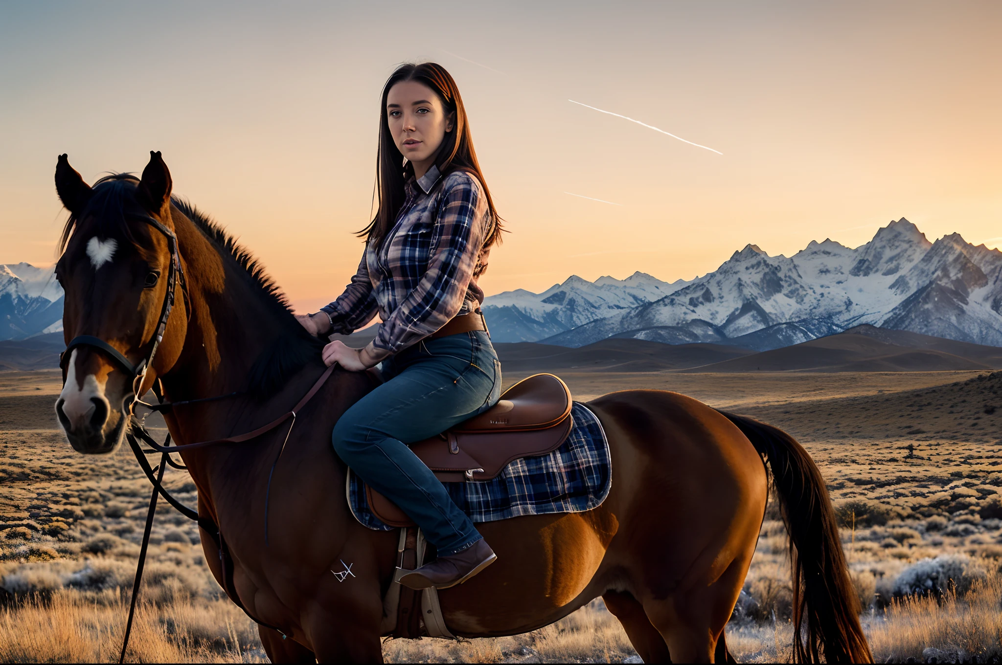 Frame by Angela White ((one character)) (25 years old) | wearing feminine cowboy clothes (jeans outfit, plaid shirt) ((loose and silky hair, piercing blue eyes, skin texture, enigmatic countenance, slim body, divine proportion)) | Riding a Mustang Horse | Alabama Hills location ((mountain with snow in the background)) | natural light, god rays, cinematic quality, cinematic frame, cinematic filters, maximun sharpness, sunset tones ((Arri Alexa 35 8k))