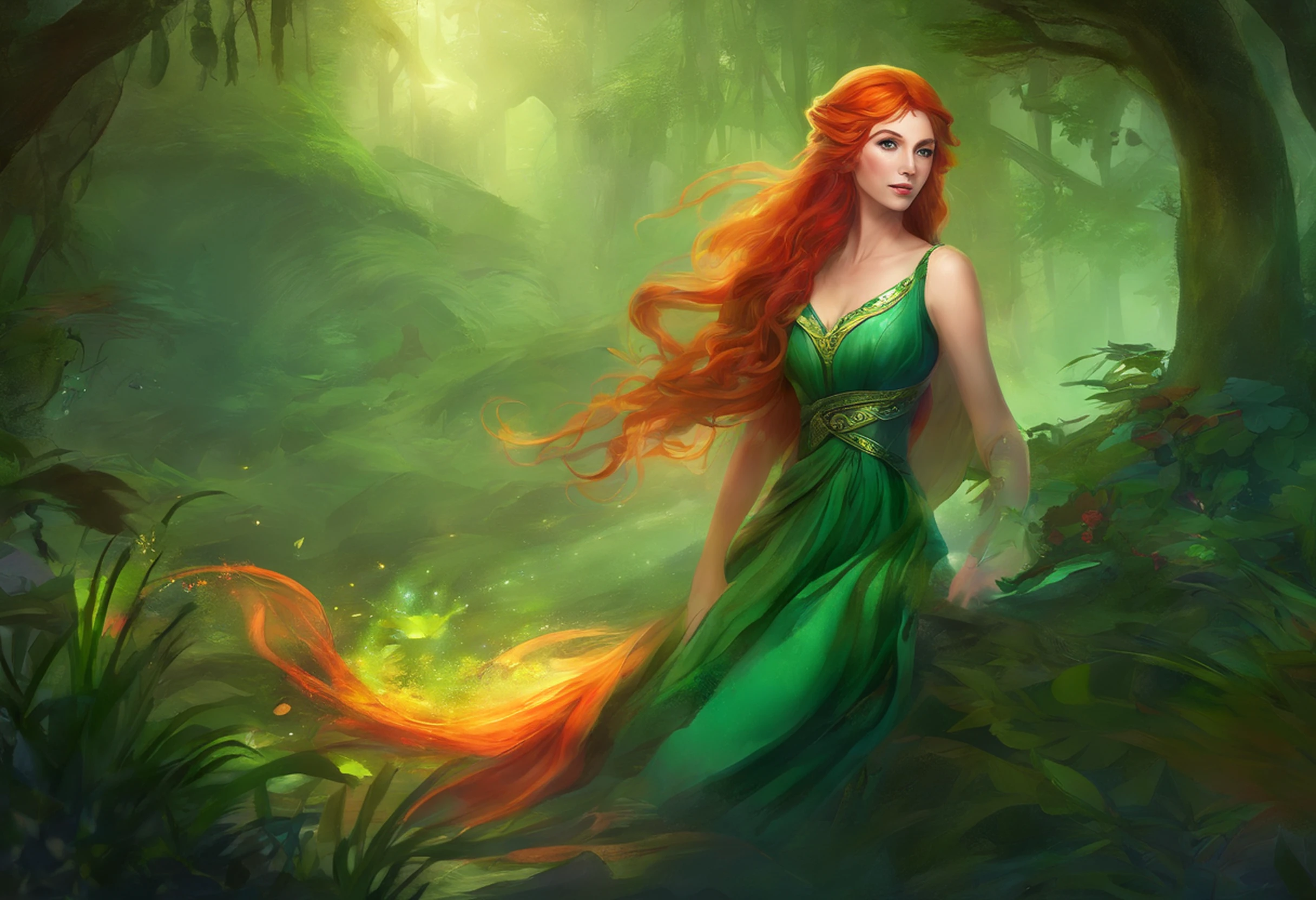 Full body shot of a woman with red hair wearing a green dress, fantasy book cover, young adult fantasy novel cover, fantasy portrait, detailed fantasy digital art, beautiful fantasy portrait, beautiful fantasy art, realistic fantasy illustration, red haired goddess, very beautiful elven top model, digital fantasy art ), trending digital fantasy art, fantasy art behance, realistic fantasy artwork, expand jungle background,