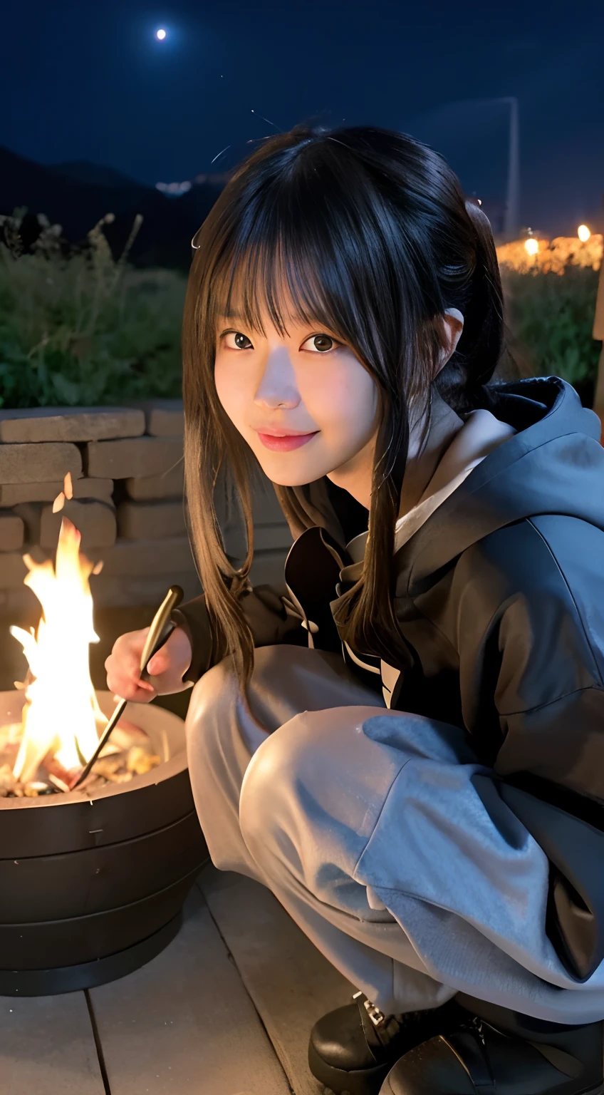 (top-quality,in 8K,masterpiece:1.3,),(超A high resolution,Photorealsitic:1.4,Raw photography),(ultra-detailliert,shinny skin,Delicate skin),(Detailed face,Perfect Anatomy,Caustics),(Little girl making a bonfire in the mountains),Sit behind a bonfire,kawaii,18year old,japanes,Japanese ido,smil,Looking at the camera,A dark-haired,Short ponytail,large boob,(Hooded hoodie),long trousers,trekking boots,deep in the night,starrysky,low angles,