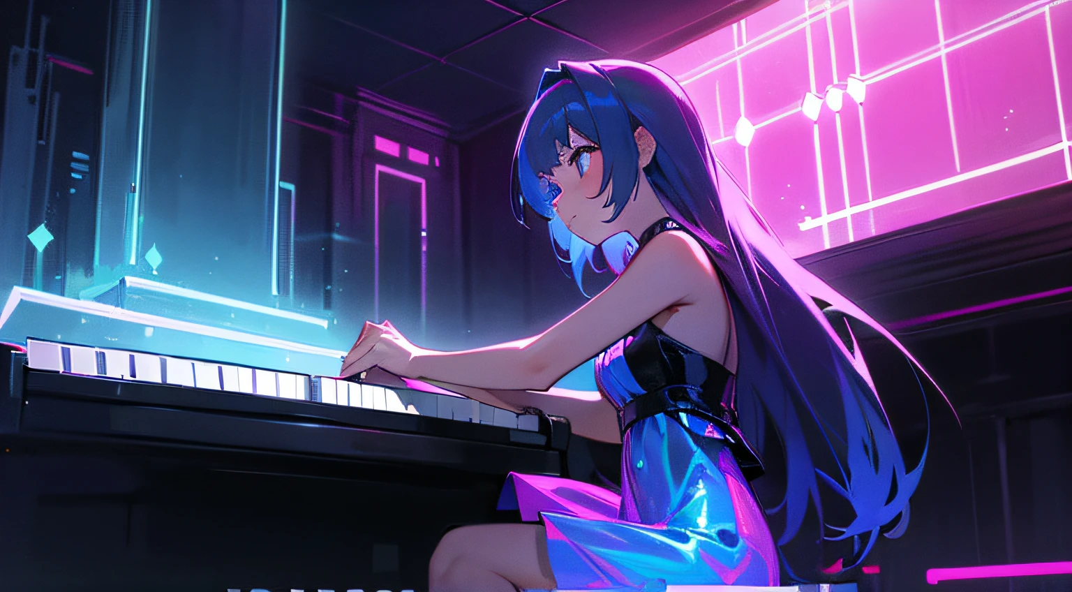 piano. cute girl playing the piano at a bar, neon, holographic dress, piano, masterpiece