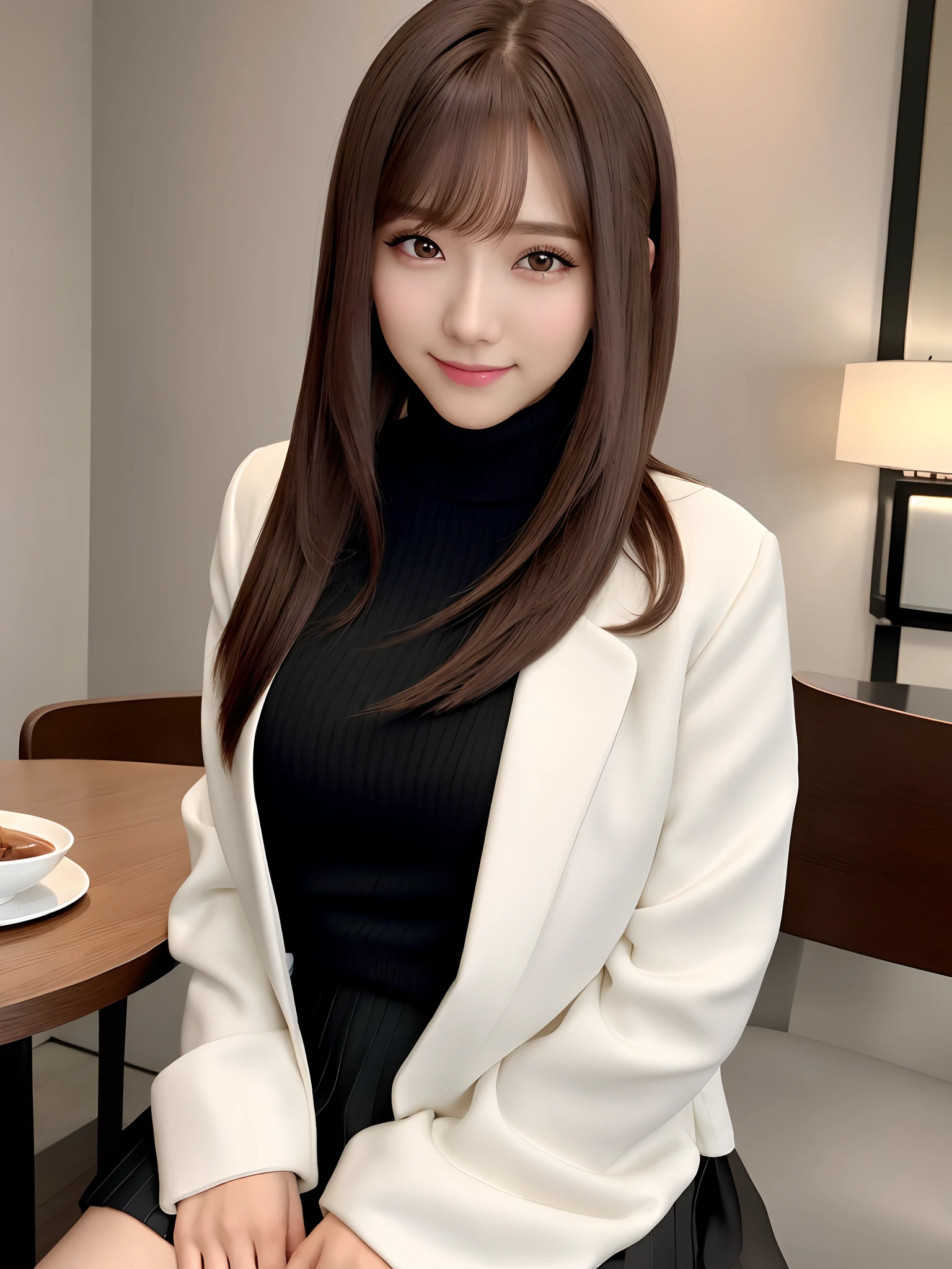 mastepiece, 1 girl per 1 photo, upper body shot, front view, a Japanese young pretty girl, long bob hair, sitting with a big smile on a chair in front of a table in a luxury restaurant in the night, a white jacket over a black turtleneck sweater, black miniskirt, black leather long boots, hyper cute face, glossy lips, double eyelids for both eyes, natural makeup, shiny smooth light brown hair of long bob hair, asymmetrical bangs, high resolution, high detail, detailed hairstyle, detailed face, cinematic lighting, octane rendering, hyper realistic, perfect limbs, perfect anatomy