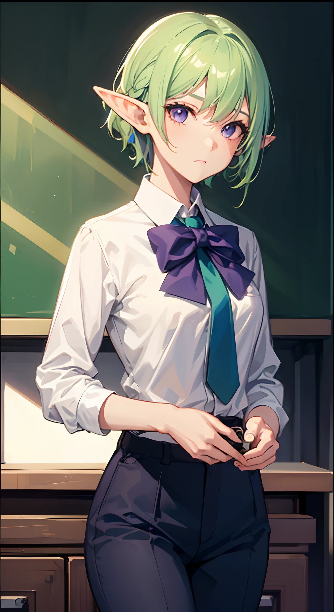 1girl, elf, short light green hair, blue highlights in hair, purple eyes, wearing school uniform with pants, school, high res, ultra sharp, 8K, masterpiece