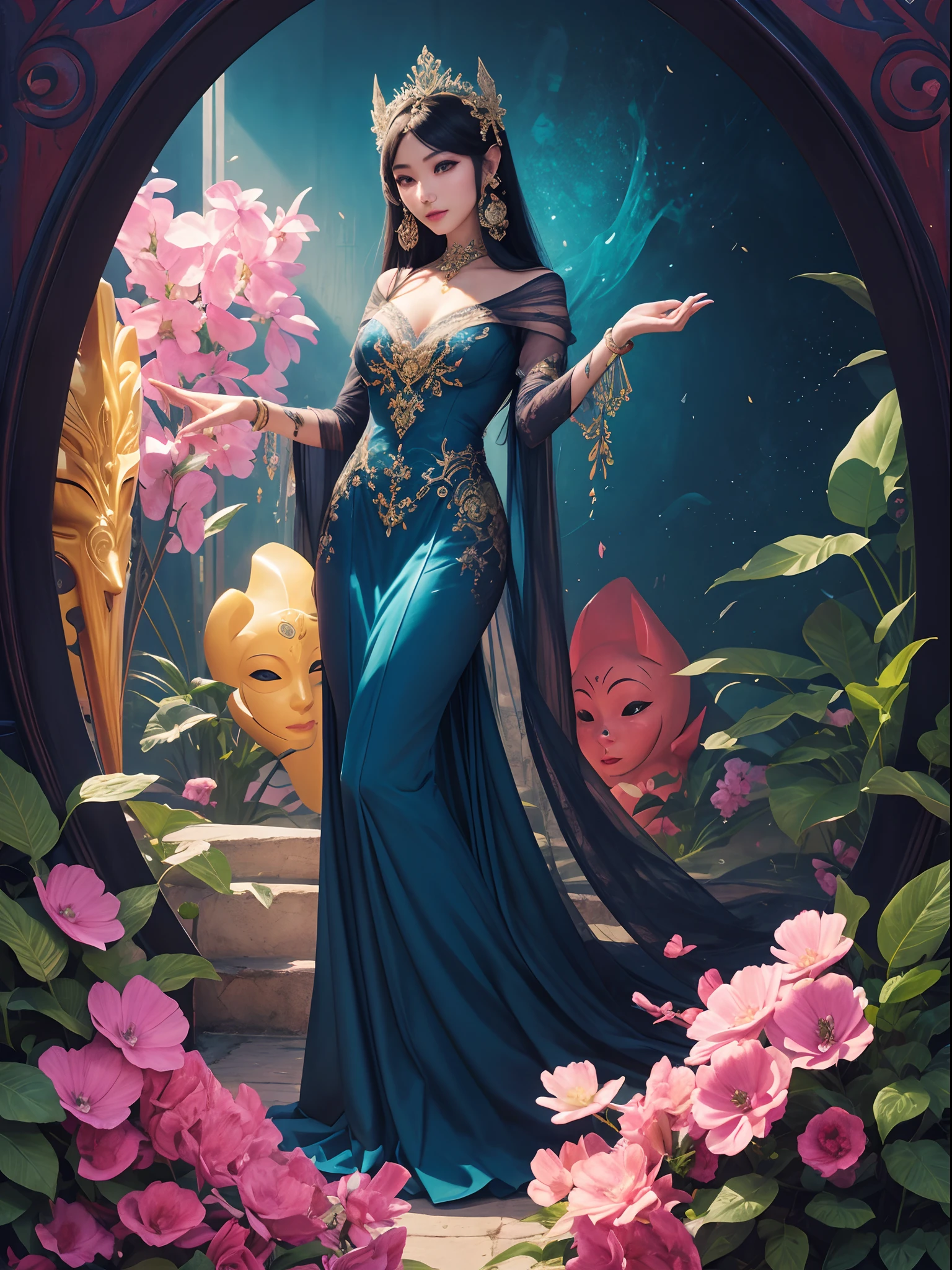 Vibrant colors、Best Quality, master piece、aesthetics、The body is unknown、Mysterious、Official art、Masquerade、Strange thieves、Elegance、Masks that cover most of the face、Colorful and detailed mask decoration、Elegance、Elegance、Gorgeous、refinement、detailed environment, (Best Quality, Ultra-detailed, Realistic:1.37)、gorgeous dress、jewely、Dynamism、thirds rule、Perfect Angle、perfect-composition。full body Esbian