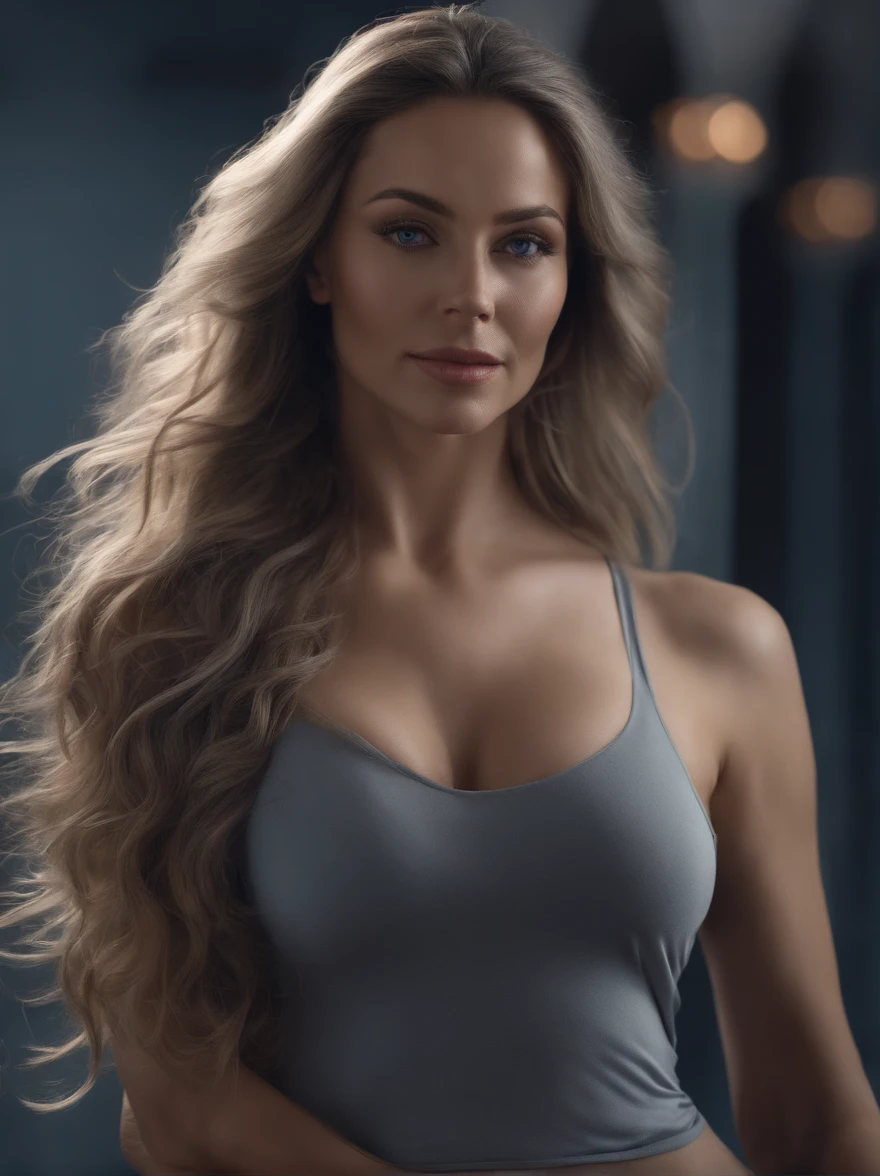 photorealistic, high resolution, soft lights, cloud, 1women, 40 years old, solo, hips up, amazing stunningly beautiful, , blue eyes, grey long hair, skinny, big boobs, big ass, abs line, nsfw