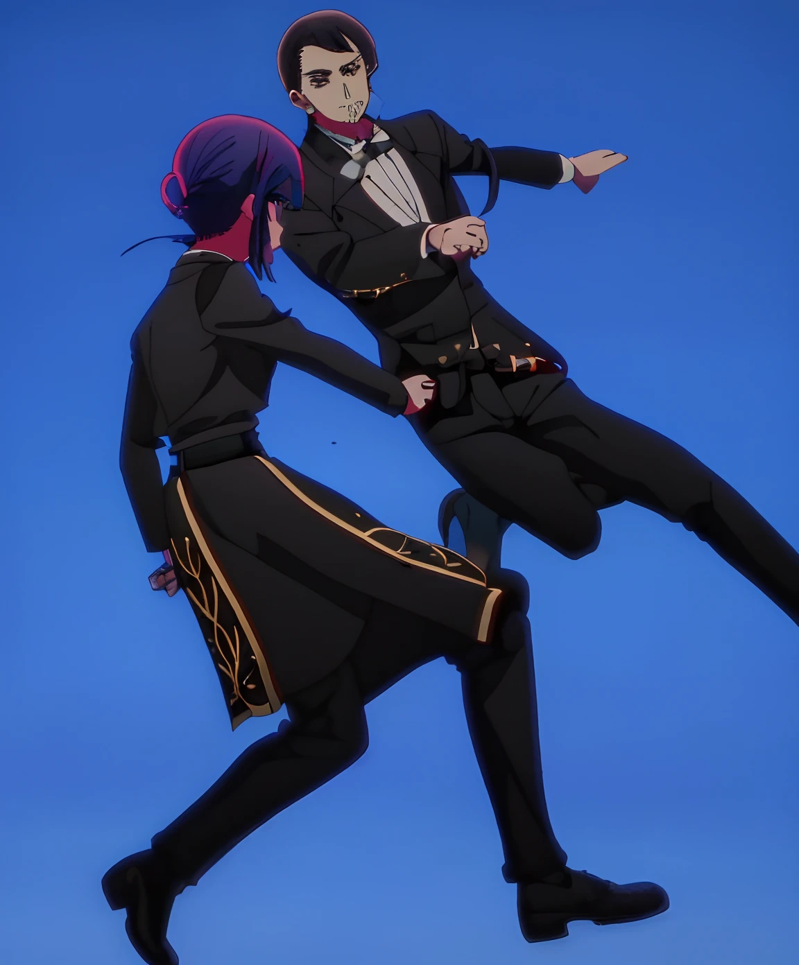2chicos, trajes elegantes, pose de pelea, 2cabellos cortos