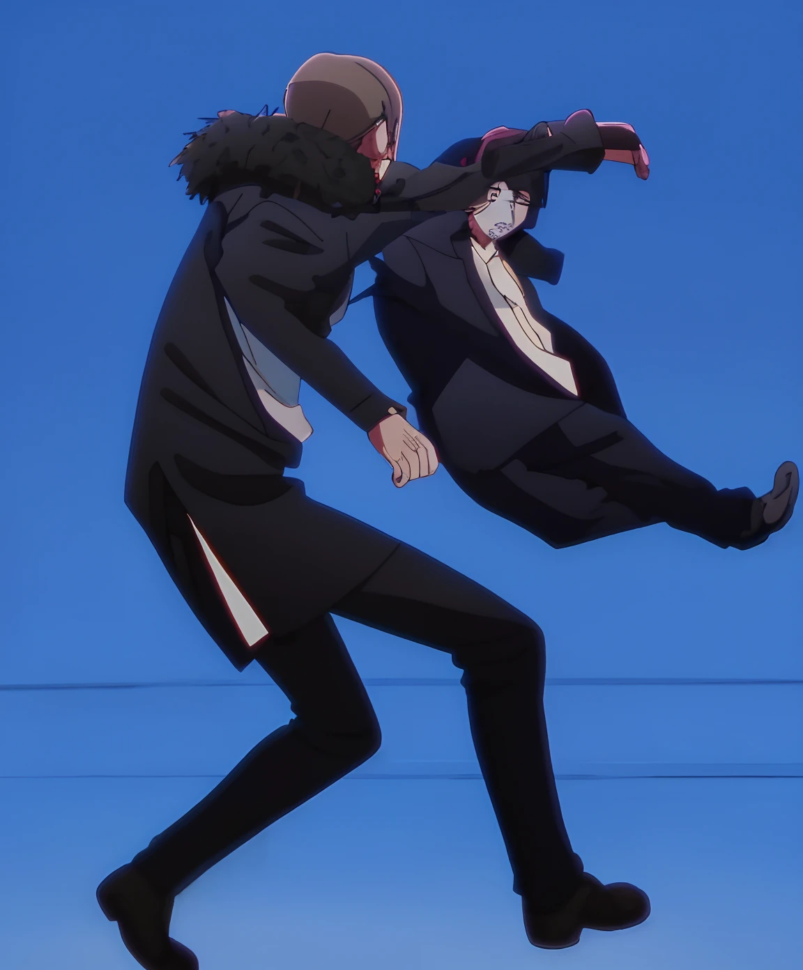 2chicos, trajes elegantes, pose de pelea, 2cabellos cortos