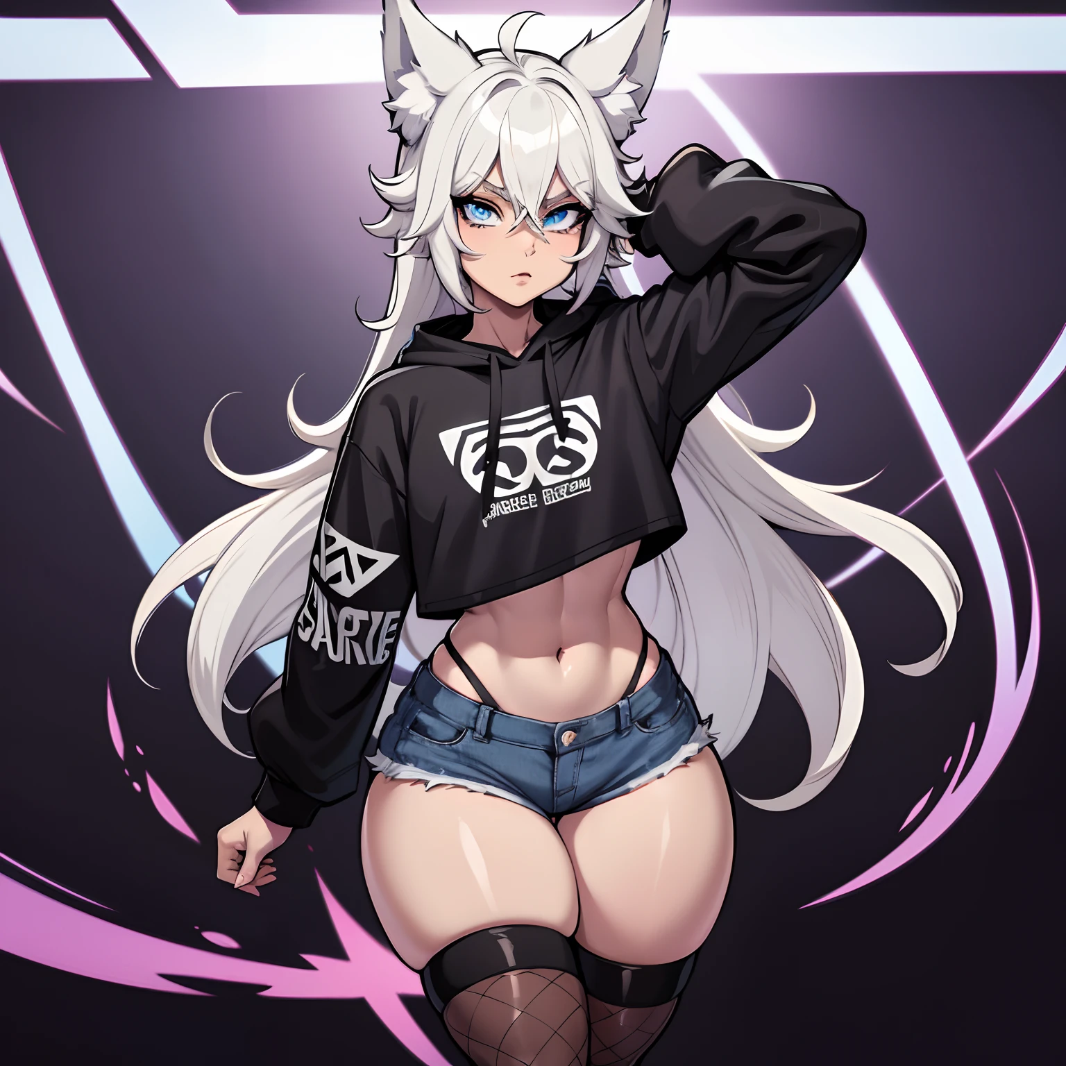 male, Anime Femboy, Short, has Long white hair, has wolf ears, has wolf tail, has blue eyes, wearing denim short shorts, thigh high fishnets, black combat boots, wearing cropped black hoodie, flat chest, super flat chest, solo femboy, only one femboy ((FLAT CHEST)) (ALONE)(SOLO) Alone, solo, wide hips, thicc thighs