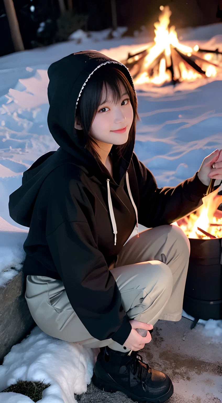 (top-quality,in 8K,​masterpiece:1.3,),(超A high resolution,Photorealsitic:1.4,Raw photography),(ultra-detailliert,shinny skin,Delicate skin),(Detailed face,Perfect Anatomy,Caustics),(Little girl making a bonfire in the mountains),Sit behind a bonfire,kawaii,18year old,japanes,Japanese ido,smil,Looking at the camera,A dark-haired,short-cut,large boob,(Hooded hoodie),long trousers,trekking boots,deep in the night,starrysky,(Bonfire Up),low angles,