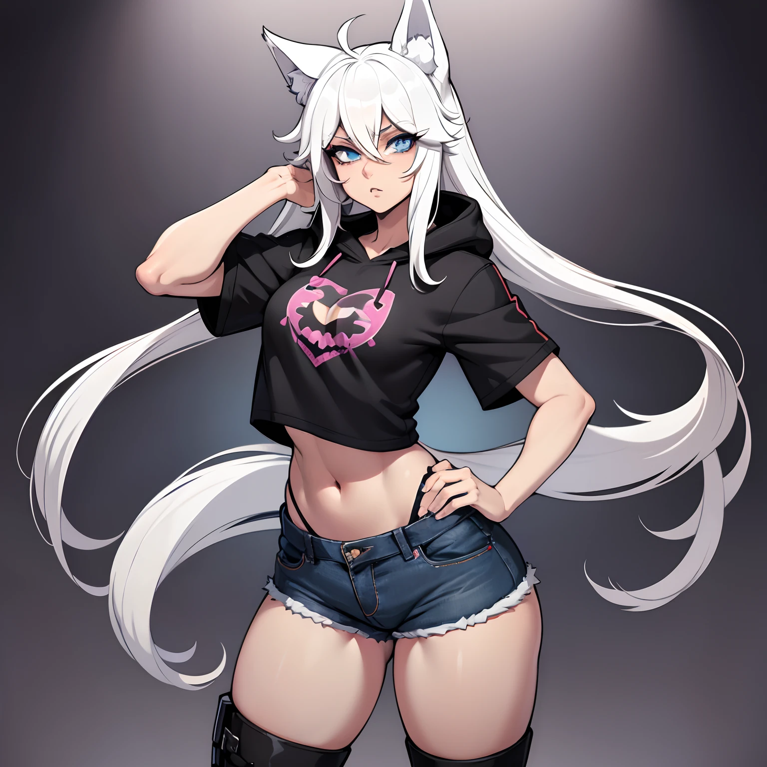 male, Anime Femboy, Short, has Long white hair, has wolf ears, has wolf tail, has blue eyes, wearing denim short shorts, thigh high fishnets, black combat boots, wearing cropped black hoodie, flat chest, super flat chest, solo femboy, only one femboy ((FLAT CHEST)) (ALONE)(SOLO) Alone, solo, wide hips, thicc thighs