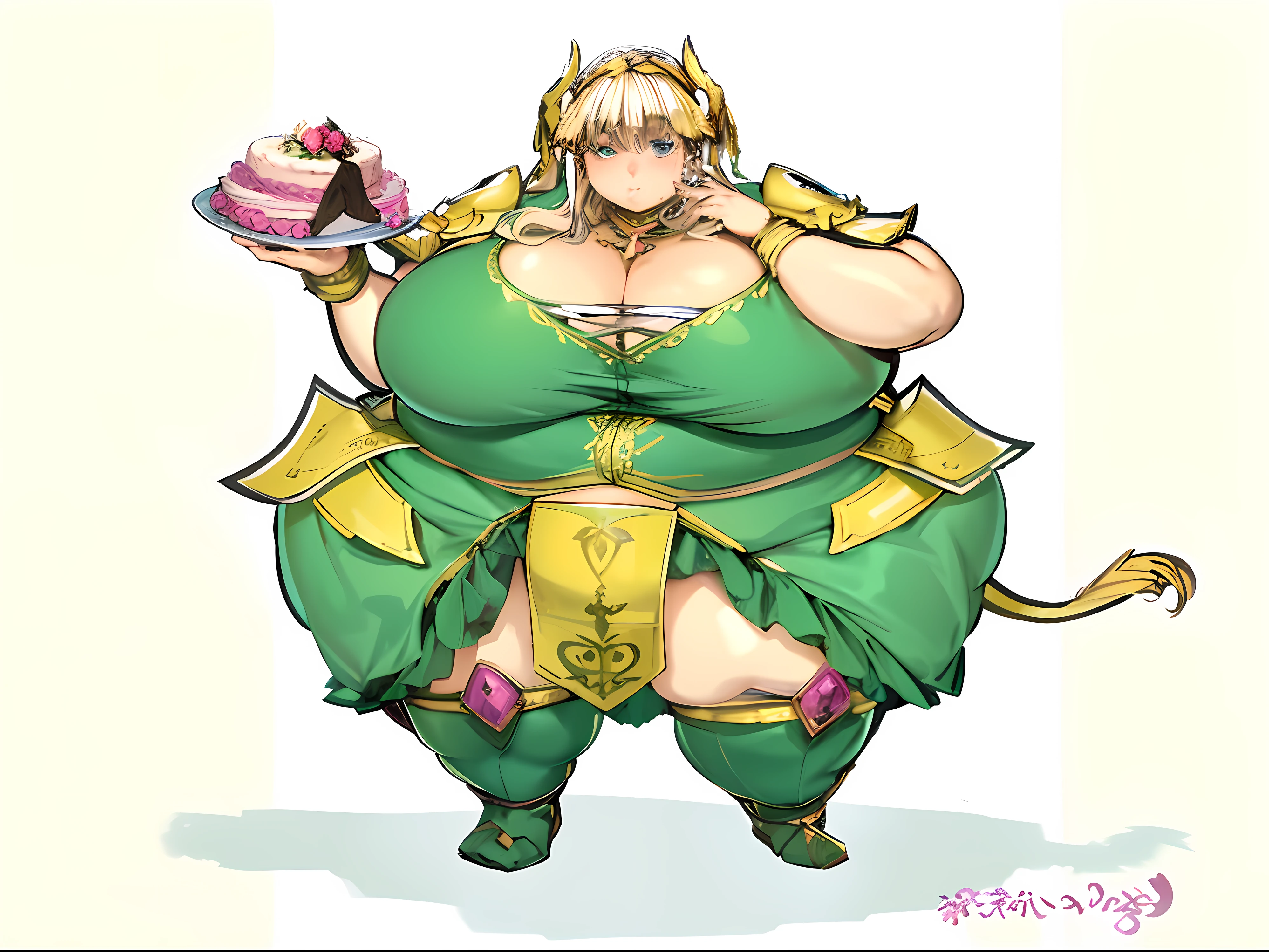 A neoclassical painting of a woman in a green outfit holding a cake, elvish Ssbbw, beautiful feminine face, beautiful blue eyes, beautiful blonde hair, (morbidly_obese:1.6), a blonde emerald warrior, mighty plump female sorceress, thicc, full body portrait of a short!, fullbody commission for, tatsumaki, commission for high res, strong fat bacchanalian body, soft obese belly, soft obese hands, soft obese arms, soft obese legs, soft obese thighs, soft obese thighs, massive obese , forest background,