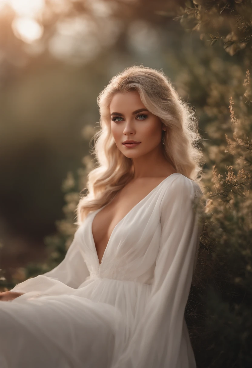 Realistic white female Instagram influencer, Best quality, Blonde, 1 fille, yeux bleus, en robe courte moulante blanche
