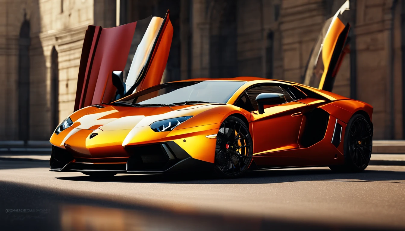 Lamborghini Aventador V12 blood red color, black details, yellow headlights, carbon aileron, vu du coter, details, 8k ,4K cinematic wallpaper, 4K cinematic wallpaper, Matrice LUT, poster!!!, gta v poster style, Photographie automobile, Cinematic matte illustration, Matte digital illustration, Papier peint incroyable, Affiche du film matte painting,