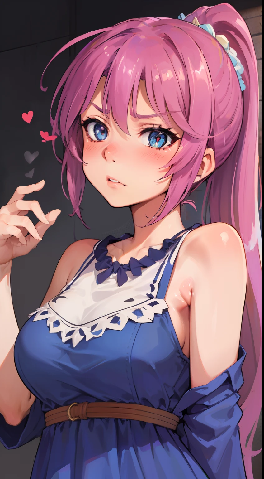 Jibril, ((upper body)), blushed, perfect anatomy, detailed eyes, detailed lips, extremely detailed eyes and face, vivid colors, sharp focus, masterpiece:1.2, ultra-detailed, blushed, ((doggystyle)), (solo), ((blue dress)), sleeveless, (ponytail), (((disdain,  disgust))), looking at viewer