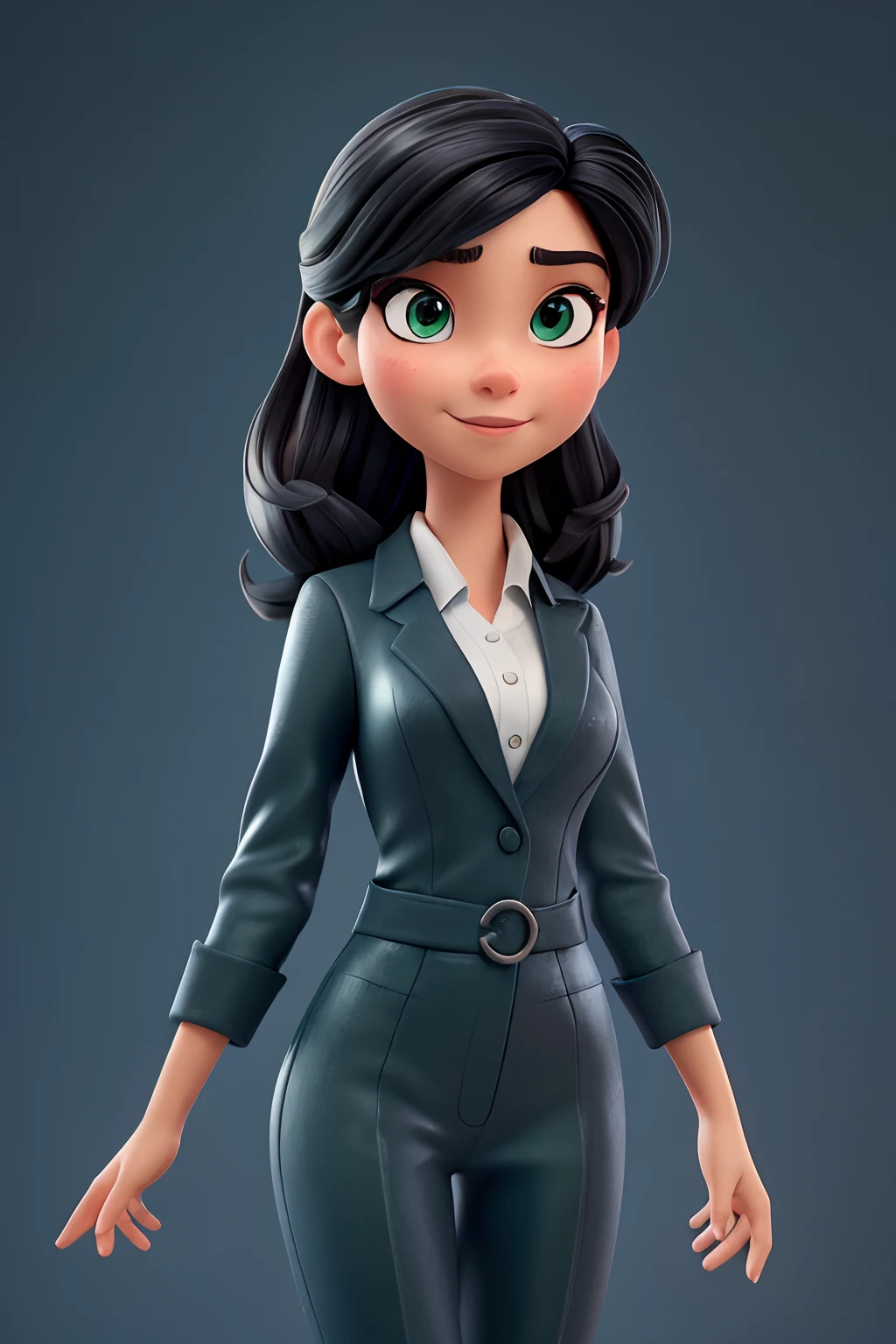 (best quality,4k,HDR),Pixar style,26-year-old young girl,natural portrait,stunning green eyes,fair skin,smooth black hair,businesswoman,formal black suit,beautiful face,dainty features,lovely smile,confident posture,lit by soft daylight,city skyline background,subtle shadows,dynamic composition,vibrant colors,meticulous attention to detail,playful yet professional demeanor,warm and inviting atmosphere,impeccable rendering,life-like textures,ultra-detailed facial expression,expressive eyes and lips,sparkling eyes with a hint of mischief,soft and glossy hair strands,subtle makeup enhancing her natural beauty,perfectly tailored suit accentuating her figure,sophisticated yet approachable,creative and inspiring spirit,portrait capturing her ambition and determination,intense focus and drive in her eyes,graceful movement and poised stance,creating a sense of movement and energy in the artwork,breathtaking clarity and sharpness,immersive three-dimensional effect,picture-perfect lighting,illuminating her features in a flattering way,balanced and refined color palette,with pops of vibrant hues,enhancing the overall visual impact,striking the right balance between realism and stylization,showing her in a moment of triumph and confidence,a timeless masterpiece,showcasing the beauty and strength of the modern woman.