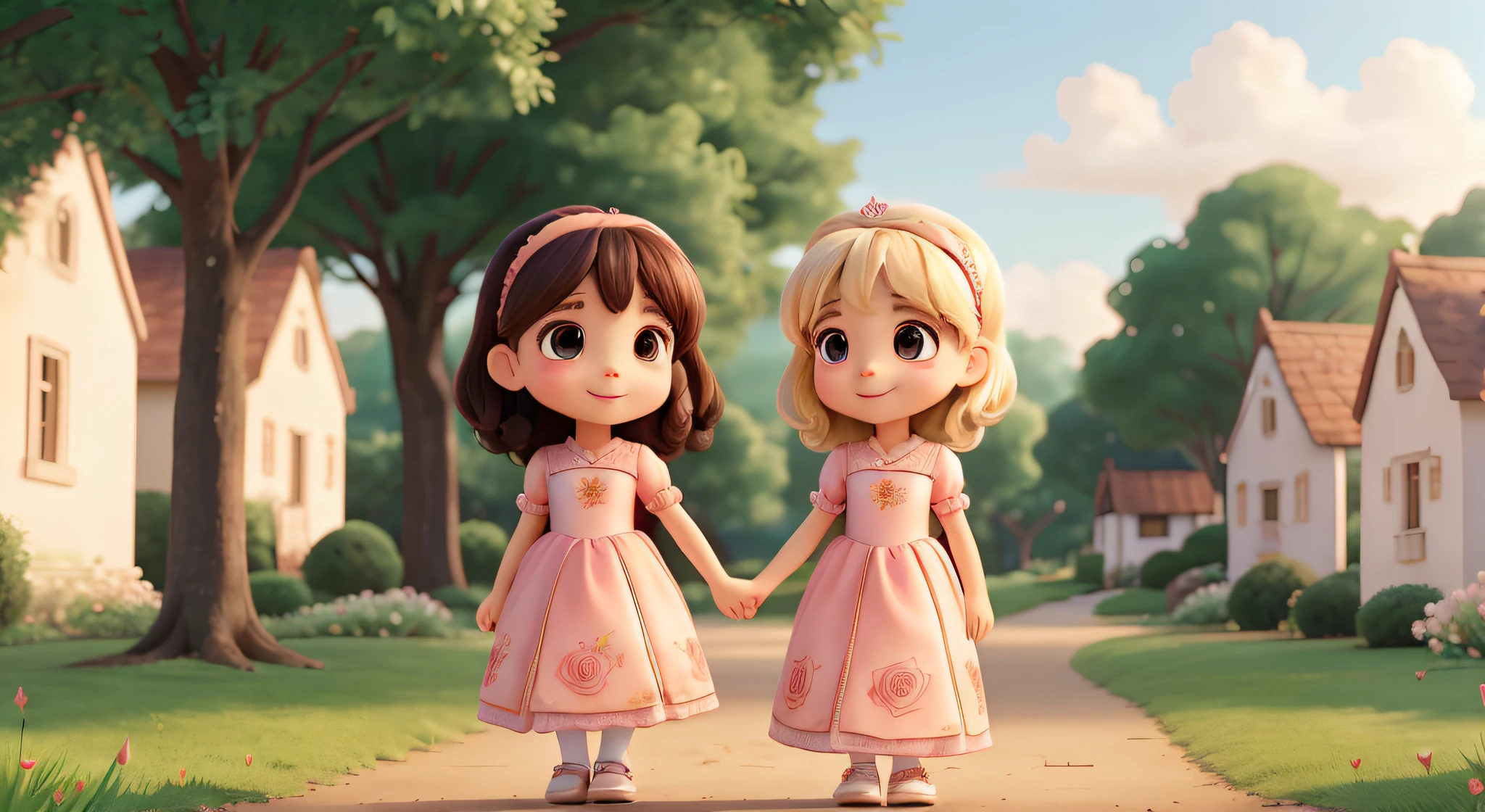 Illustrate two lovely girls ((Lily Au and Rose Pang)) wearing princess dress with headband holding hands walking in the middle of the parks with beautiful flowers around.