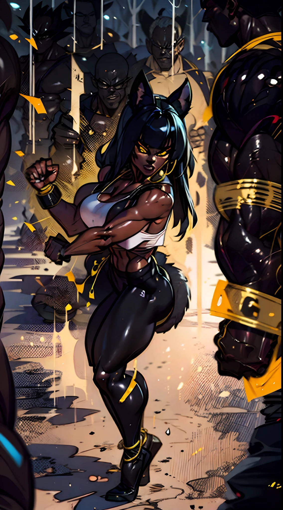 muscular ebony skinned blake belladonna with large breasts in a martial artist combat pose while being in a forest, very dark skin blake, with long black hair and cat ears, female, yellow eyes, saiyaness, saiyan, saiyan tail for Blake, wearing white jacket with a black tanktop underneath, wearing a pair of ripped white shorts with black leggings, cowboy shot.