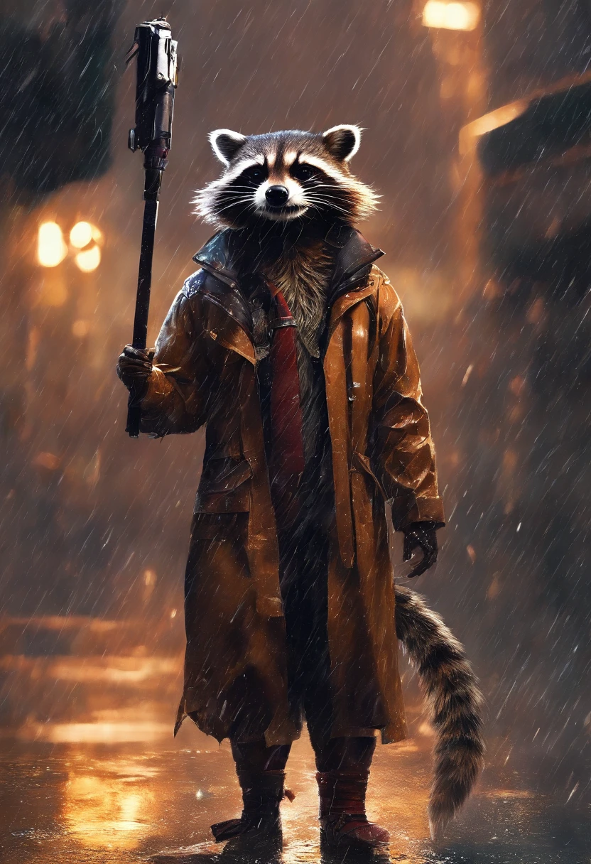 visually stunning expressive realistic photo highly detailed Marvels Rocket Raccoon wet in the rain, sensual romantic flirting pose, realistic wet fur, realistic wet fabric, fullbody view,