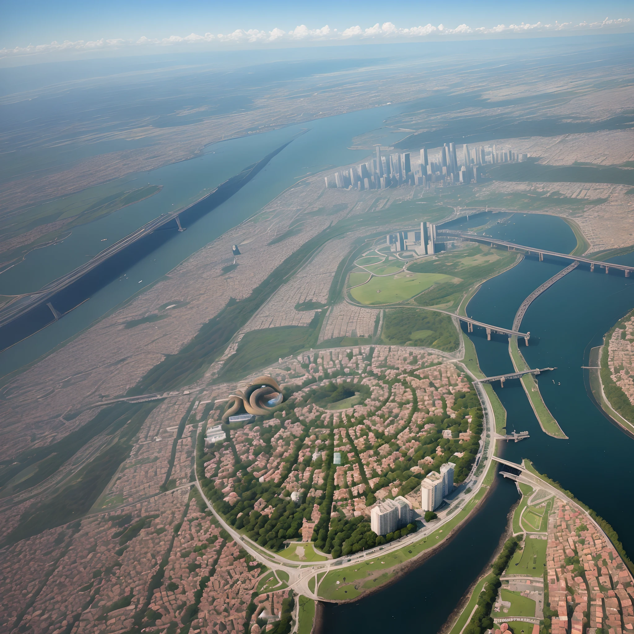 A snail-shaped city seen from the air