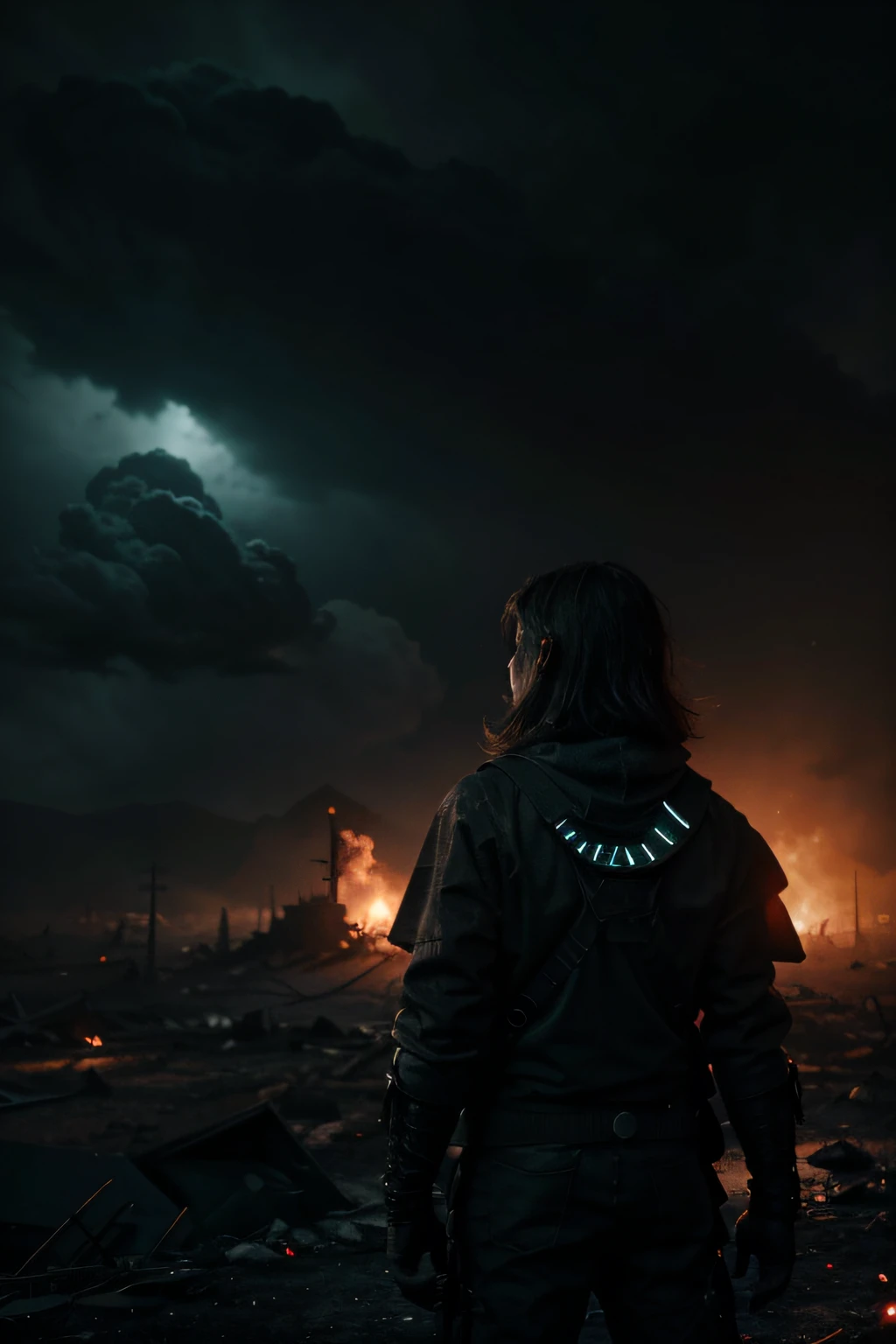 Post-apocalyptic universe, ultra realista, luzes misteriosa, atmosfera sombria, cores quentes, noite profunda, 4k, super detalhista