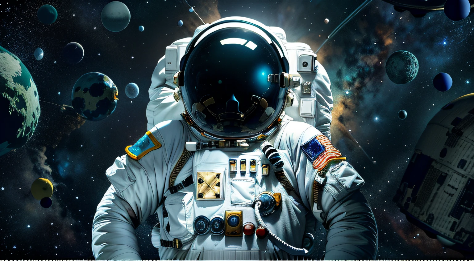 Astronauta em traje espacial com detritos espaciais no fundo, astronauta americano, Astronaut in Space, astronaut lost in liminal space, usando um traje espacial e capacete, An astronaut in space, vestindo roupa de astronauta, usando um traje espacial, Retrato de um astronauta de IA, astronaut floating in space, traje espacial, traje espacial, com um traje espacial ligado, usar trajes espaciais