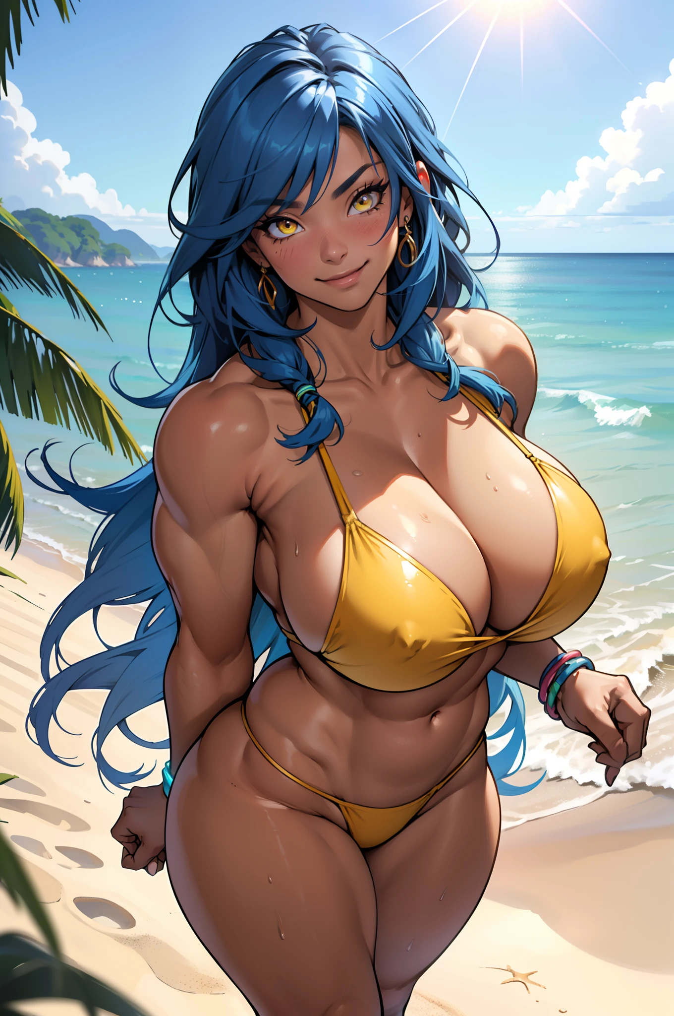 Perfect CG unity 8K UHD wallpaper( latina girl huge gigantic breasts cleavage showing bodybuilder muscular toned body, tan skin, long blue colored hair, vibrant glowing yellow eyes, long detailed eyelashes) smiling sexy seductive facial expression, blushing, thick thighs, standing in a dynamic pose, wearing a string bikini, at the beach, perfect masterpiece, best quality, best resolution