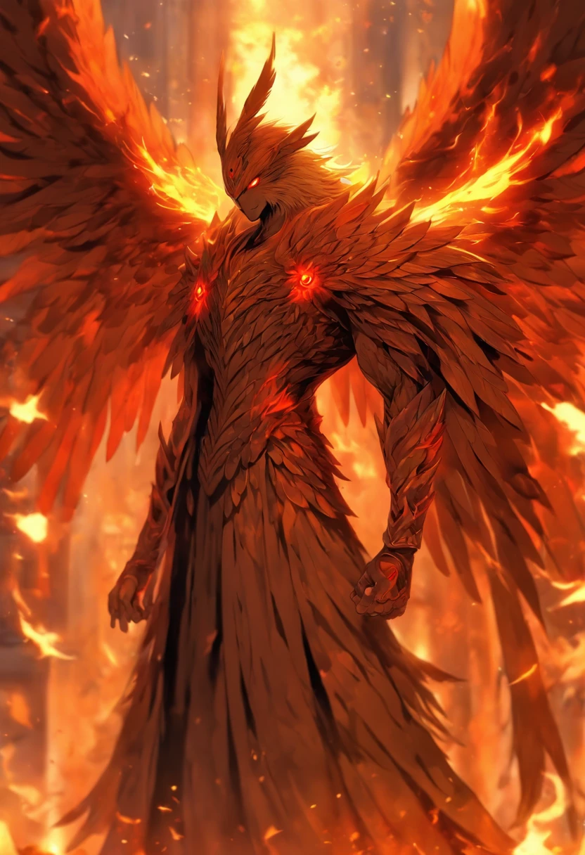 A mysterious and powerful man with a pair of wings on his back. He gives an equally majestic and monstrous impression. He has elemental powers, can fly, and will revive if killed after a time. He gets his physical strength and stature from an unholy source, so his skin is numb and doesn't feel much, and holy or sacred power burns him. He is immune to dark or shadow powers and fire, and fire is even a power source that he can absorb. He wears a set of thin, white robes that entirely covers his body, with special sleeves for his wings, a pair of white trousers, and a hood. He is very tall, 7'3", with a robust musculature on his medium build. His skin is quite pale, just barely within the range of normal skin tone, with innumerable lines of scars running over it. He has strong, sharp claws on his fingers and toes. His wings are large and covered in brown feathers, resembling an eagle's wings. Under his hood he has kind but intense red eyes, and his hair is long, brown, and wavy.