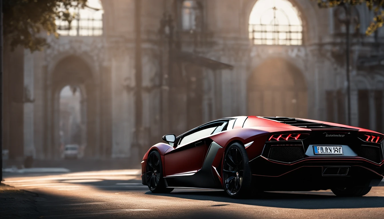 Lamborghini Aventador V12 couleur rouge sang, Black Details, phares jaunes, Aileron en carbone, vu du coter, specifics, 8k ,4K cinematic wallpaper, 4K cinematic wallpaper, LUT matricielle, poster!!!, gta v poster style, Photographie automobile, Cinematic matte illustration, Matte digital illustration, Papier peint incroyable, Affiche du film matte painting, Black Detail