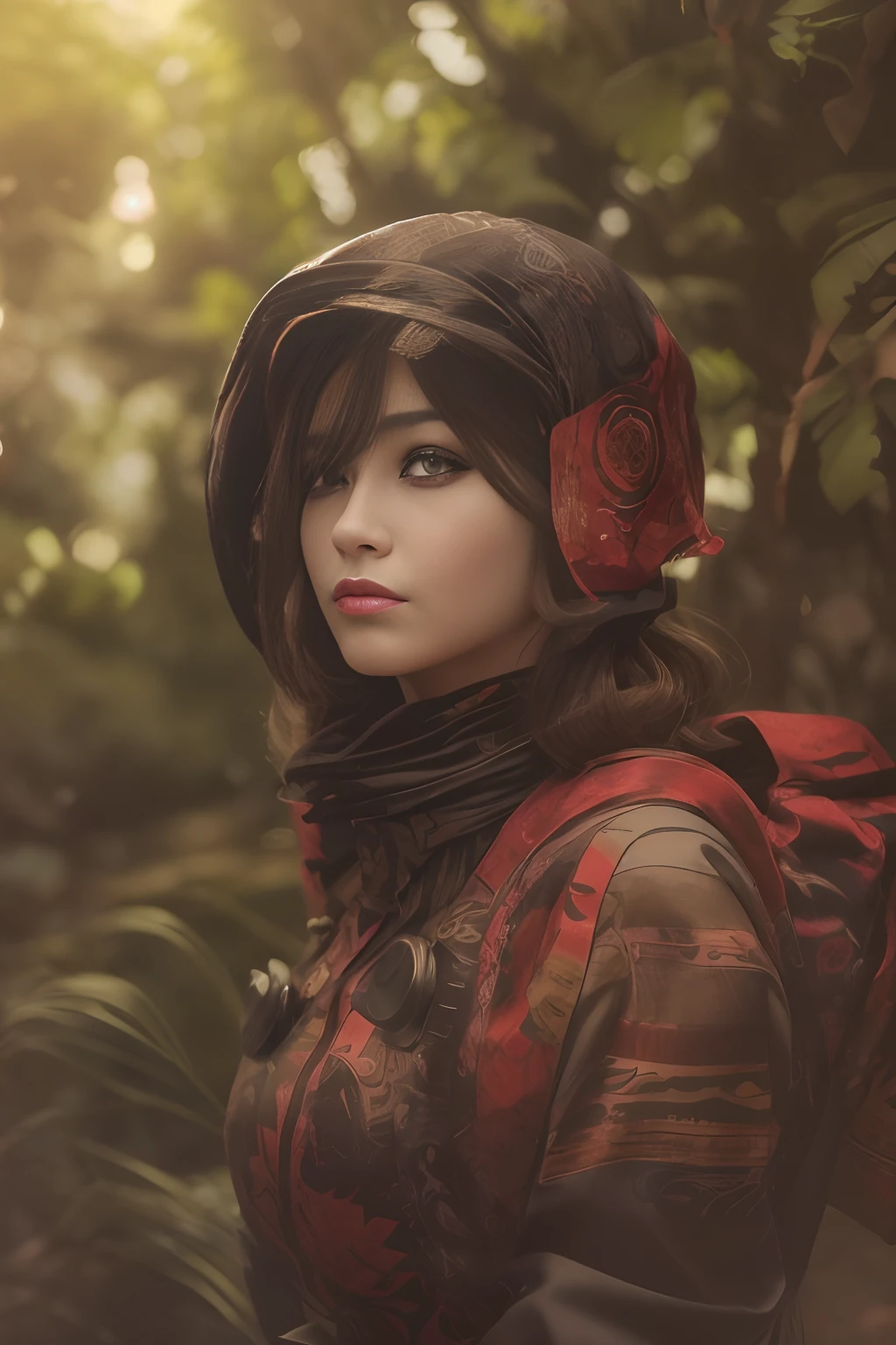 Masterpiece, Best Quality, 3D Rip Artwork, 3DMM Style, Close-up, Portrait, Realism, a woman beautifully makeup, eyeshadow, Parted Lips, Challenge Eye, beautiful big eyes, long eye lashes, wearing ((red and black satin headscarf)), (( satin shirt)), ((batik satin long maxi skirt)), strolling on a trail in the spring, garden, river