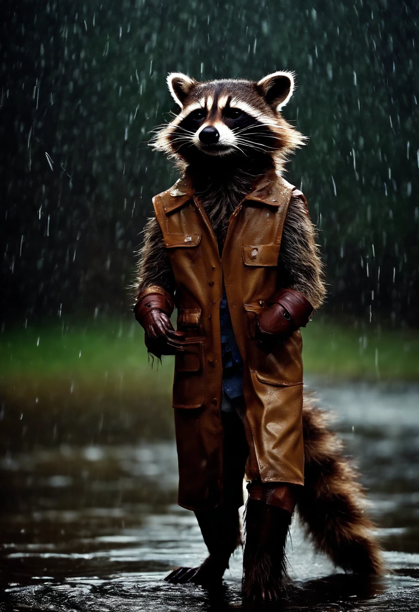 visually stunning expressive realistic photo highly detailed Marvels Rocket Raccoon wet in the rain, sensual romantic flirting pose, realistic wet fur, realistic wet fabric, fullbody view,
