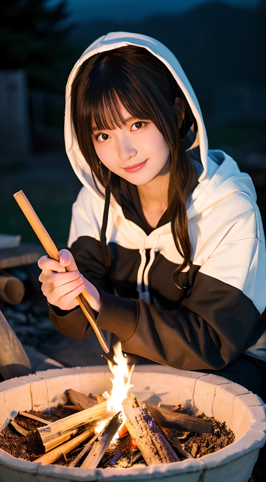 (top-quality,8K,​masterpiece:1.3,),(超A high resolution,Photorealsitic:1.4,Raw photography),(ultra-detailliert,shinny skin,Delicate skin),(Detailed face,Perfect Anatomy,Caustics),(Little girl making a bonfire in the mountains),Sit behind a bonfire,kawaii,18year old,japanes,Japanese ido,smil,Looking at the camera,A dark-haired,Short ponytail,large boob,(Hooded hoodie),long trousers,deep in the night,starrysky,(Bonfire Up),(Bonfire Focus),low angles,