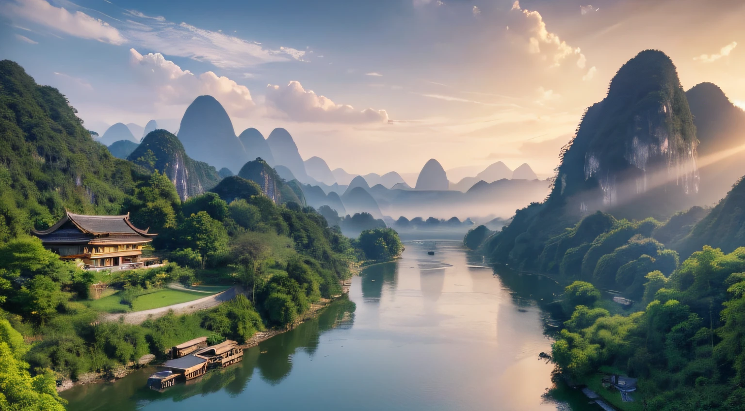 (best quality,4k,8k,highres,masterpiece:1.2),ultra-detailed,realistic:1.37,landscape,Guilin scenery,majestic mountains,picturesque village,scenic beauty,serene river,crystal clear waters,towering karst peaks,lush greenery,floating clouds and mist,cascading waterfalls,peaceful countryside,harmonious nature,historical charm,tranquil atmosphere,sunlit fields and hills,16:9 image ratio,brilliant colors,vivid hues,soft and warm lighting,unspoiled beauty,captivating view,serene and peaceful ambiance.