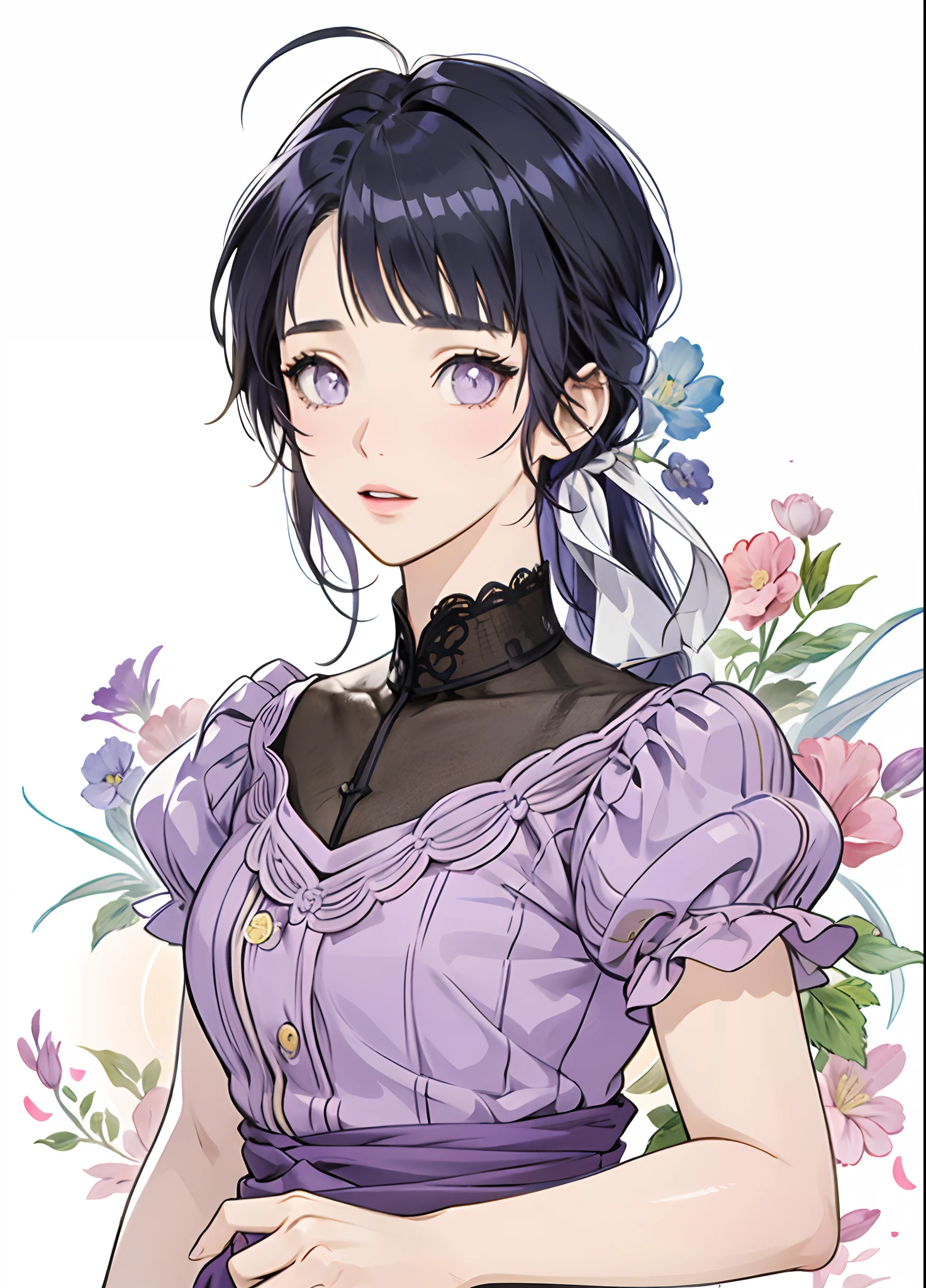 anime girl with dark blue hair and purple dress with flower in her hair, girl in dress, in the art style of bowater, cute anime waifu in a nice dress, anime style portrait, fanart, illustrious makinami, portrait of an anime girl, in an anime style, beautiful anime portrait, detailed portrait of anime girl, pretty anime girl, hinata hyuga, blunt bangs, purple eyes